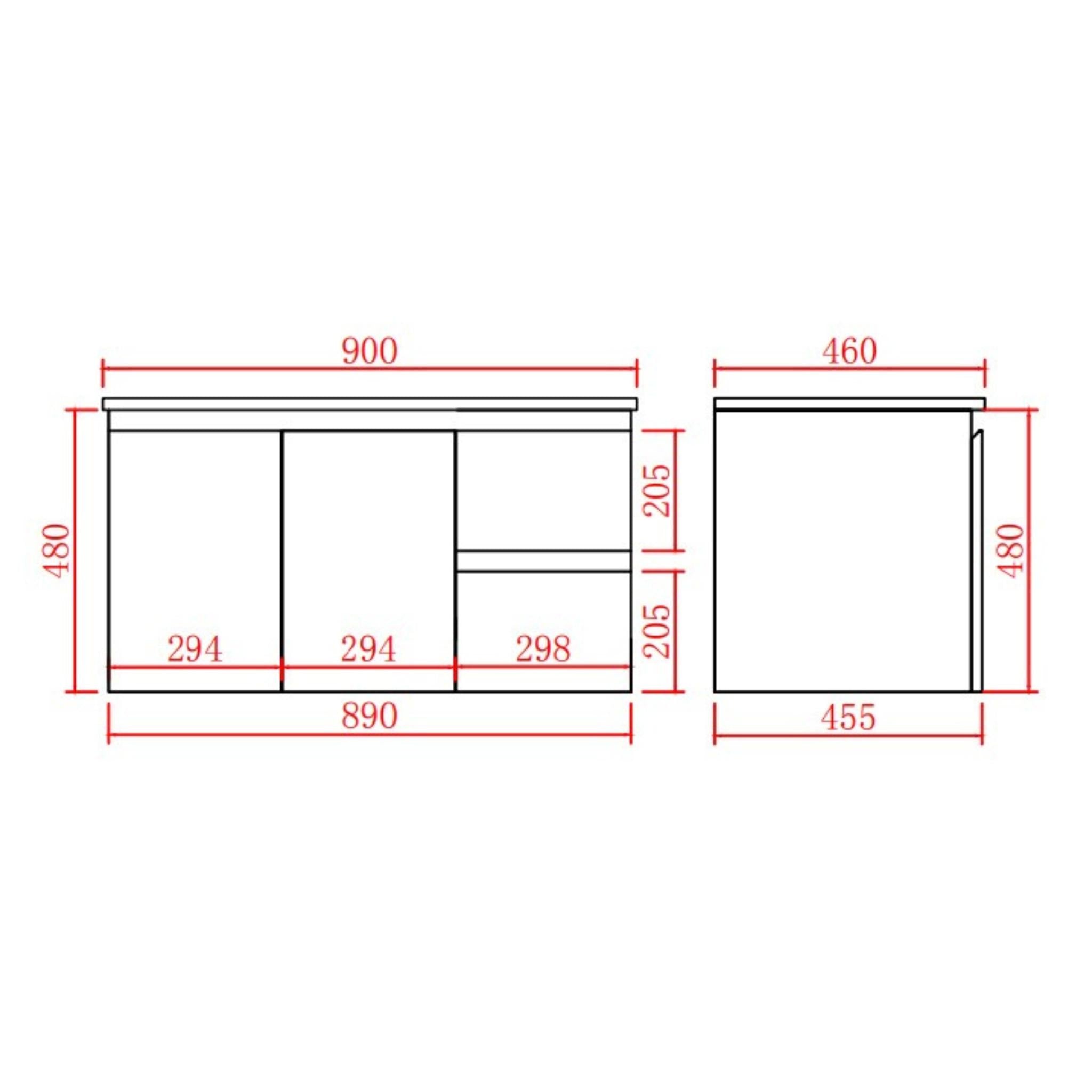 LUKKA ALPHA GLOSS WHITE 900MM SINGLE BOWL WALL HUNG VANITY (AVAILABLE IN LEFT AND RIGHT HAND DRAWER)