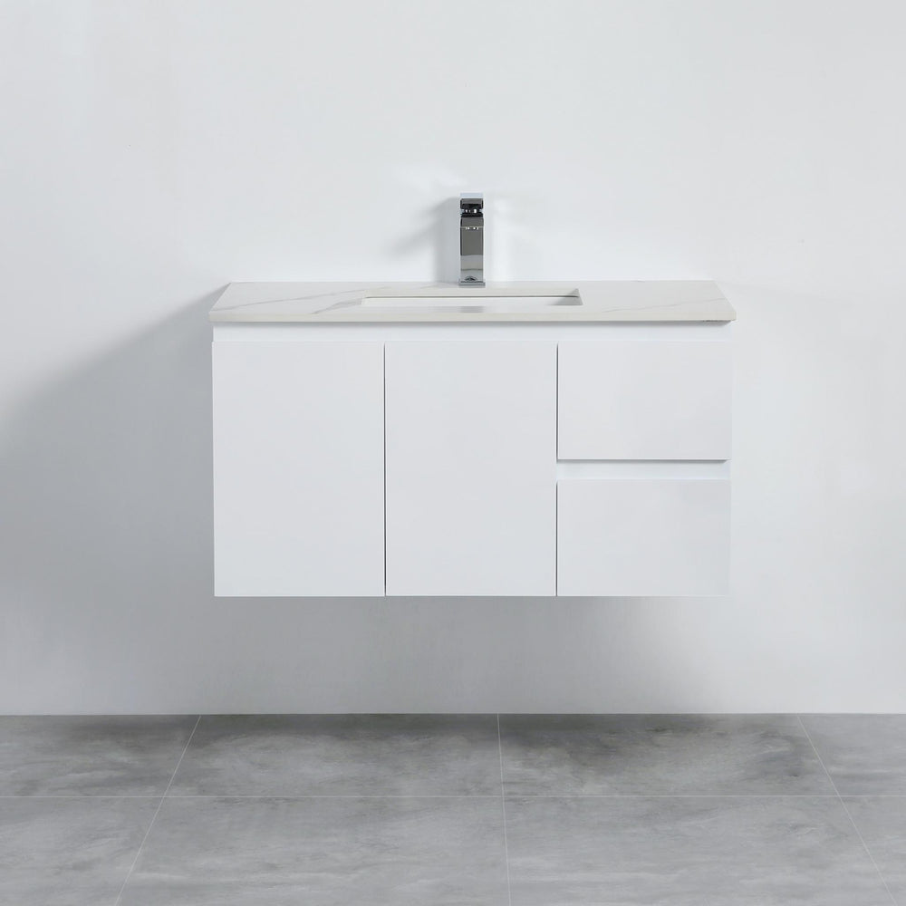 LUKKA ALPHA ENSUITE GLOSS WHITE 900MM SPACE SAVING WALL HUNG VANITY (AVAILABLE IN LEFT AND RIGHT HAND DRAWER)