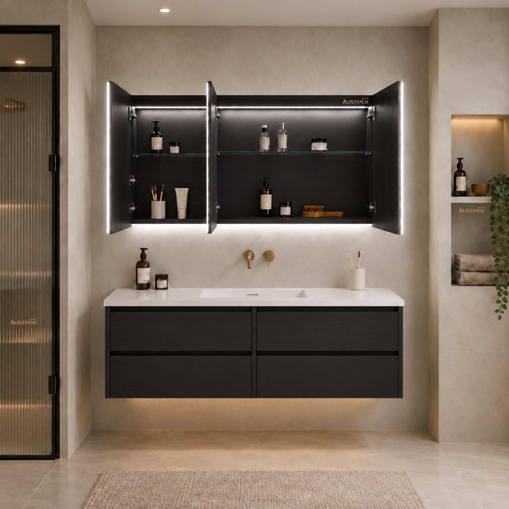LUKKA AVOLA MATTE BLACK LED MIRROR SHAVING CABINET WITH 3 COLOUR LIGHTS 1200X750MM