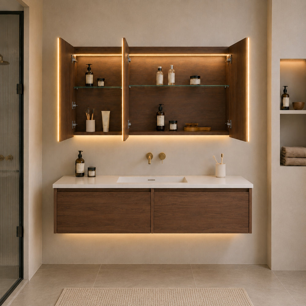 LUKKA AVOLA MOCHA OAK LED MIRROR SHAVING CABINET WITH 3 COLOUR LIGHTS 1200X750MM