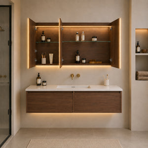 LUKKA AVOLA MOCHA OAK LED MIRROR SHAVING CABINET WITH 3 COLOUR LIGHTS 1200X750MM