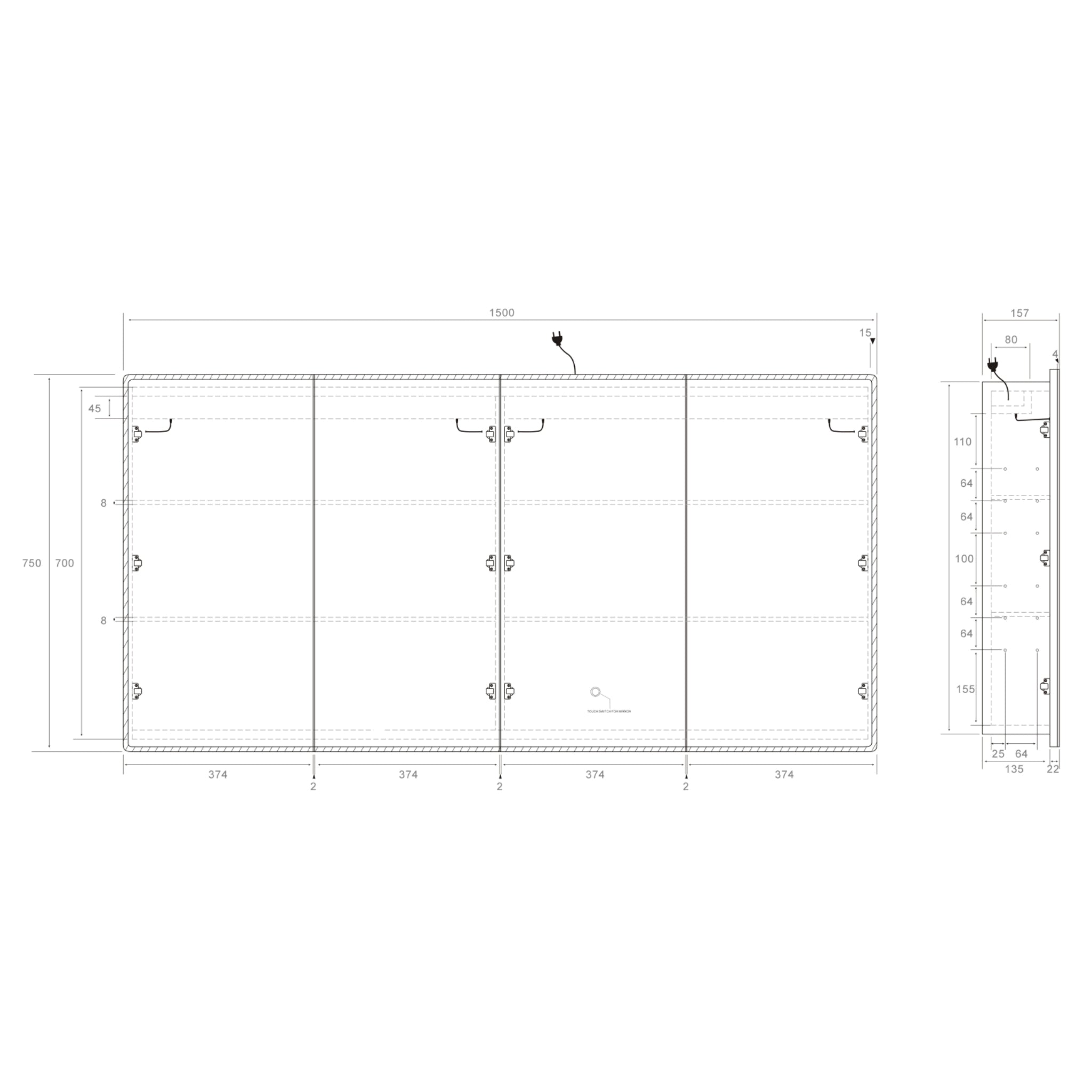 LUKKA AVOLA MATTE BLACK LED MIRROR SHAVING CABINET WITH 3 COLOUR LIGHTS 1500X750MM