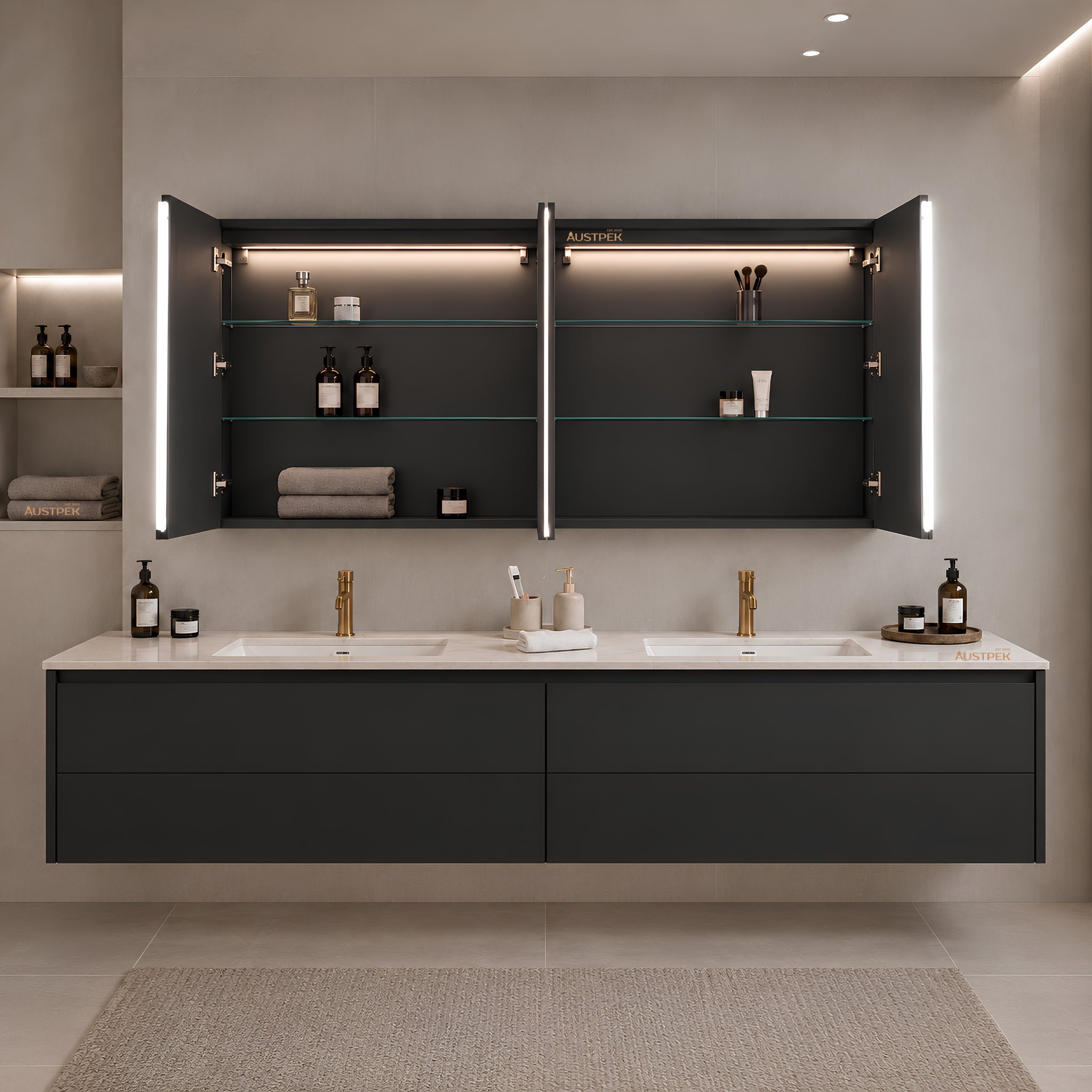 LUKKA AVOLA MATTE BLACK LED MIRROR SHAVING CABINET WITH 3 COLOUR LIGHTS 1500X750MM