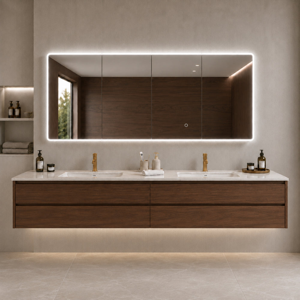 LUKKA AVOLA MOCHA OAK LED MIRROR SHAVING CABINET WITH 3 COLOUR LIGHTS 1500X750MM