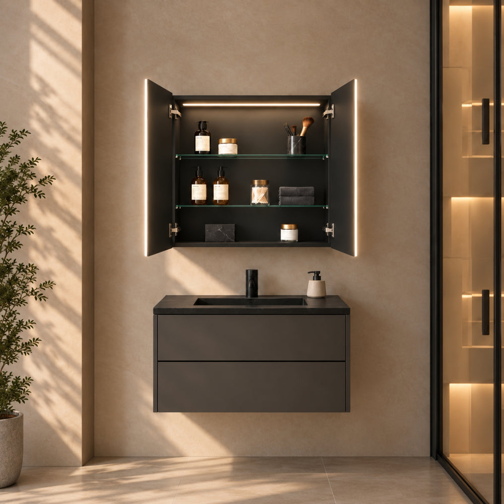 LUKKA AVOLA MATTE BLACK LED MIRROR SHAVING CABINET WITH 3 COLOUR LIGHTS 600X750MM