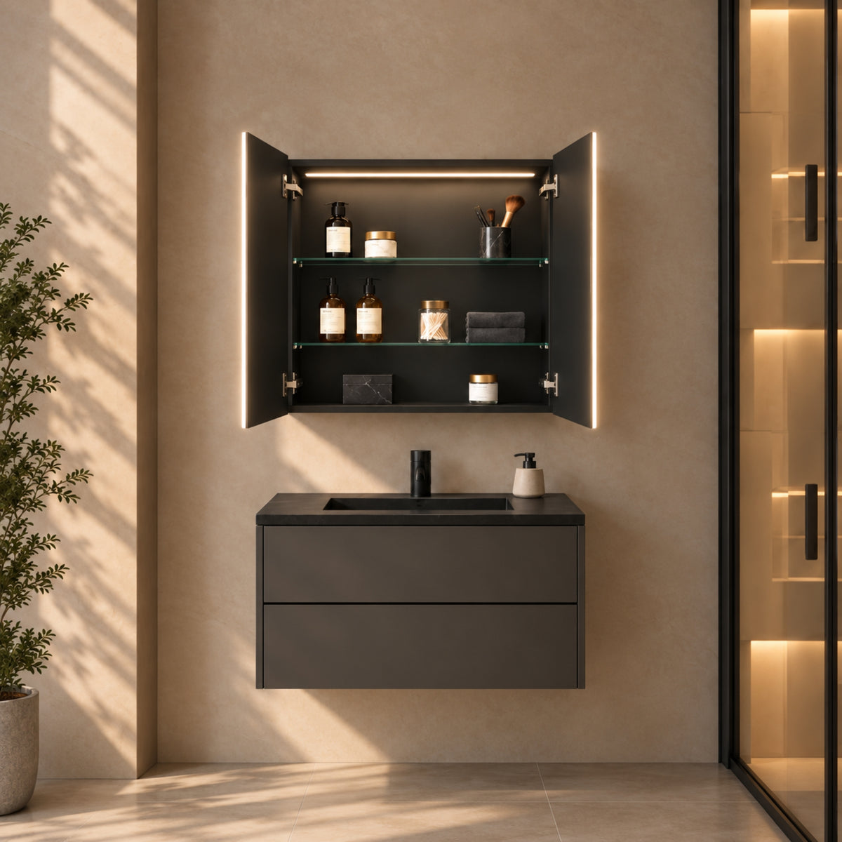 LUKKA AVOLA MATTE BLACK LED MIRROR SHAVING CABINET WITH 3 COLOUR LIGHTS 600X750MM