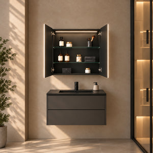 LUKKA AVOLA MATTE BLACK LED MIRROR SHAVING CABINET WITH 3 COLOUR LIGHTS 600X750MM