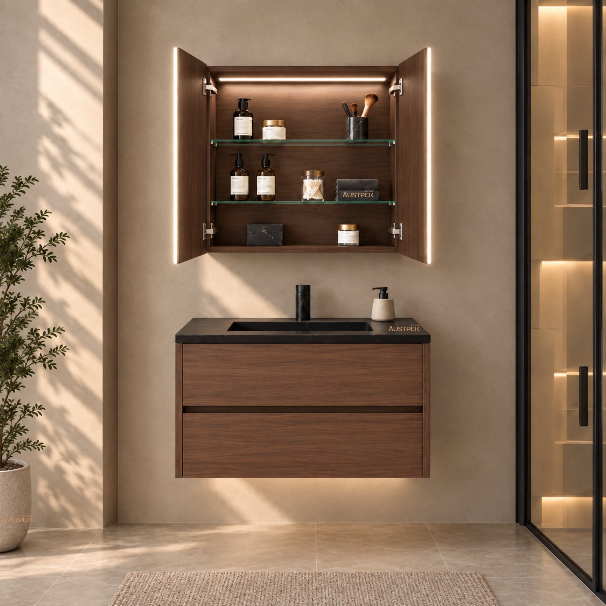LUKKA AVOLA MOCHA OAK LED MIRROR SHAVING CABINET WITH 3 COLOUR LIGHTS 600X750MM