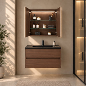 LUKKA AVOLA MOCHA OAK LED MIRROR SHAVING CABINET WITH 3 COLOUR LIGHTS 600X750MM