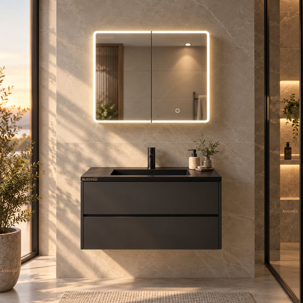 LUKKA AVOLA MATTE BLACK LED MIRROR SHAVING CABINET WITH 3 COLOUR LIGHTS 750X750MM