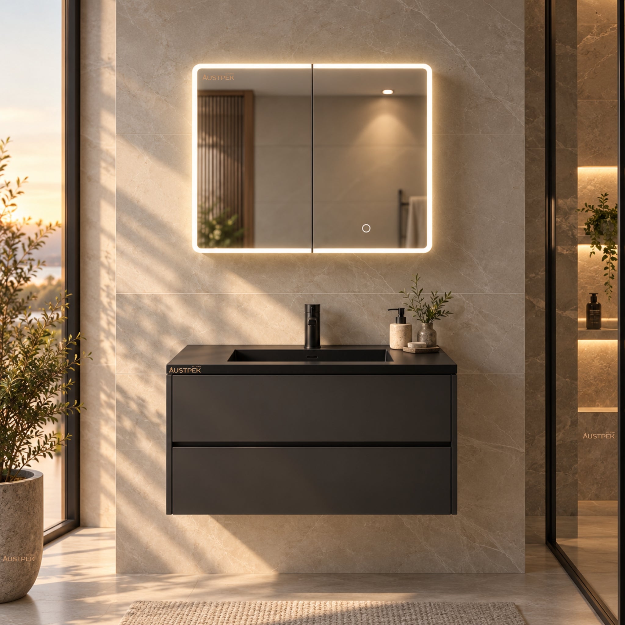 LUKKA AVOLA MATTE BLACK LED MIRROR SHAVING CABINET WITH 3 COLOUR LIGHTS 750X750MM