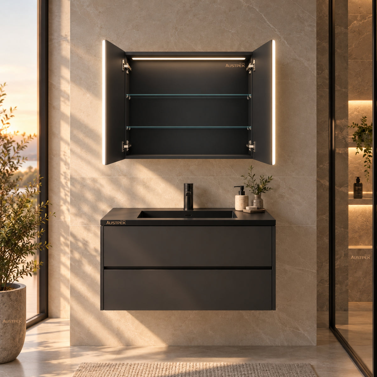 LUKKA AVOLA MATTE BLACK LED MIRROR SHAVING CABINET WITH 3 COLOUR LIGHTS 750X750MM