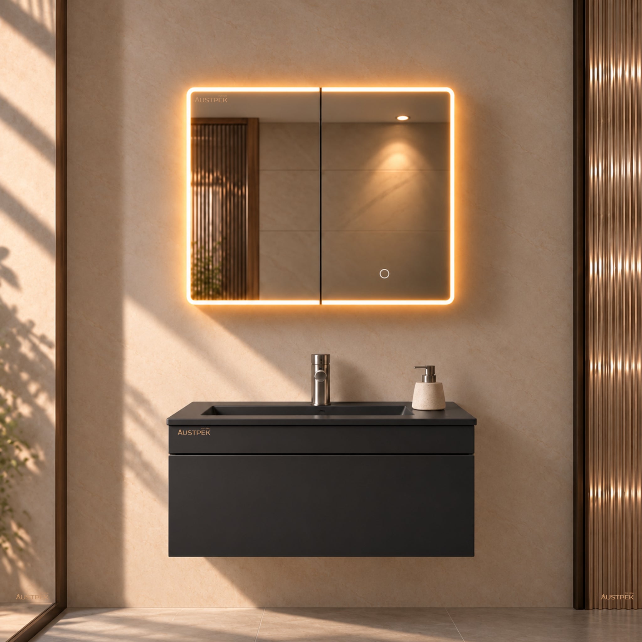 LUKKA AVOLA MATTE BLACK LED MIRROR SHAVING CABINET WITH 3 COLOUR LIGHTS 900X750MM