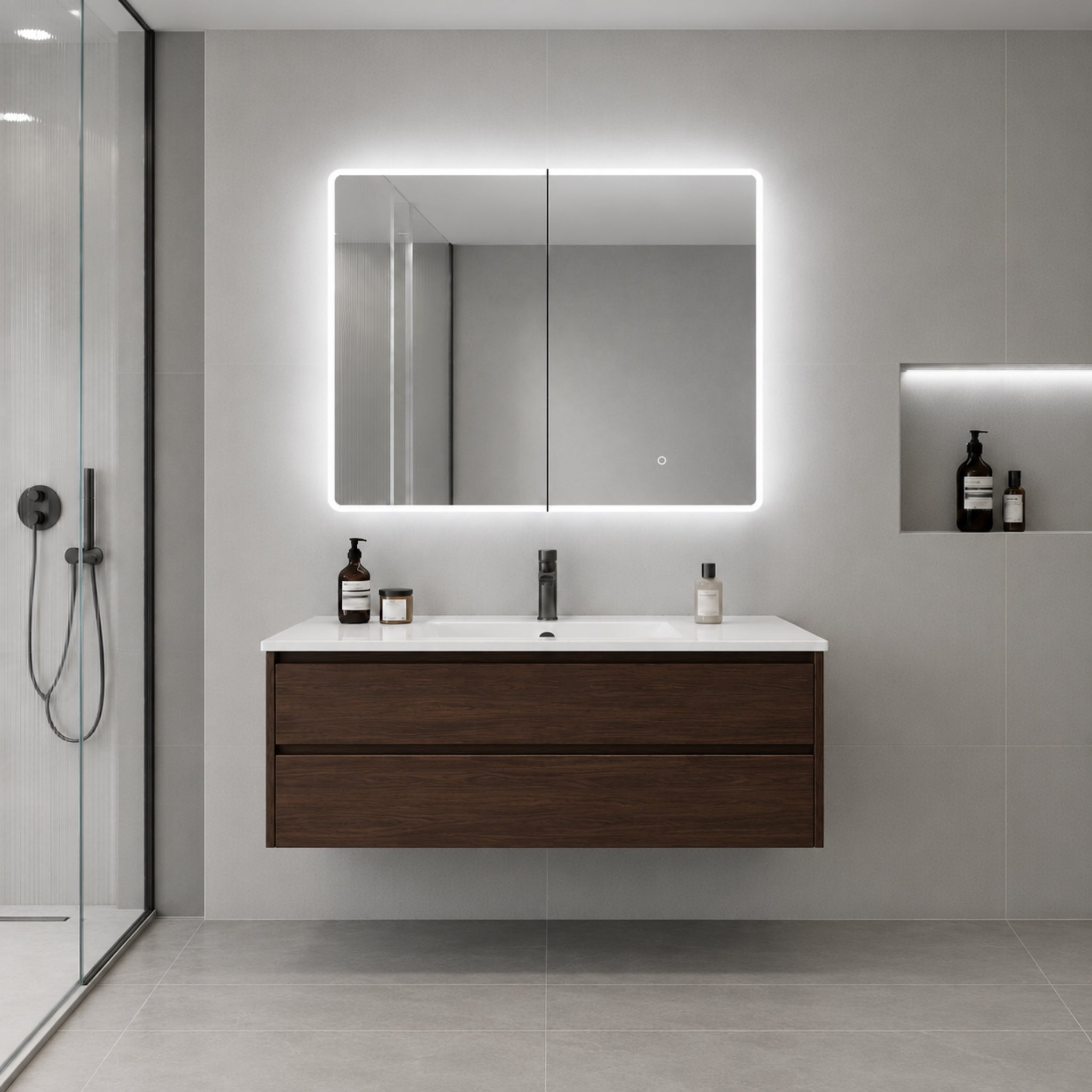 LUKKA AVOLA MOCHA OAK LED MIRROR SHAVING CABINET WITH 3 COLOUR LIGHTS 900X750MM