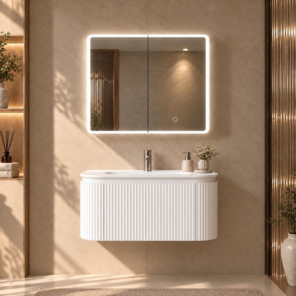 LUKKA AVOLA MATTE WHITE LED MIRROR SHAVING CABINET WITH 3 COLOUR LIGHTS 900X750MM