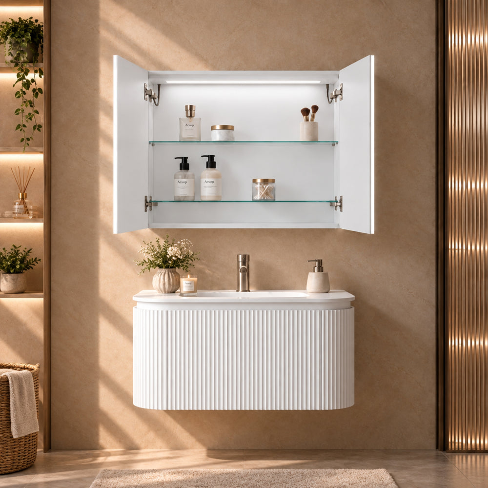 LUKKA AVOLA MATTE WHITE LED MIRROR SHAVING CABINET WITH 3 COLOUR LIGHTS 900X750MM