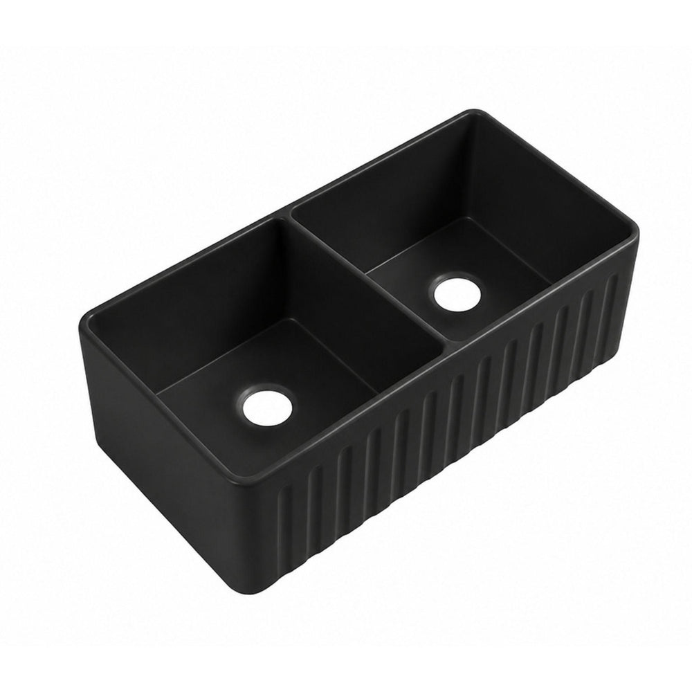 LUKKA ROCCIA FARMHOUSE BUTTLER FINE FIRECLAY DOUBLE BOWL SINK MATTE BLACK 835MM