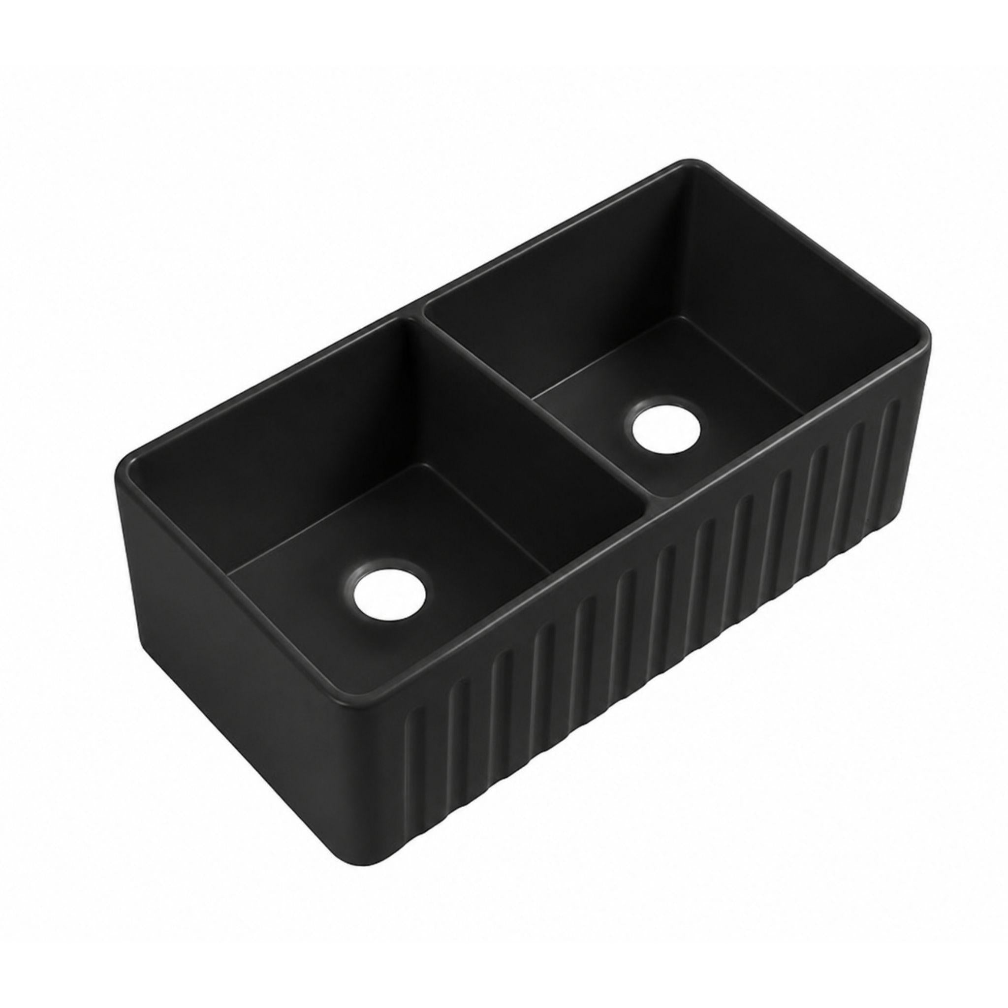 LUKKA ROCCIA FARMHOUSE BUTTLER FINE FIRECLAY DOUBLE BOWL SINK MATTE BLACK 835MM