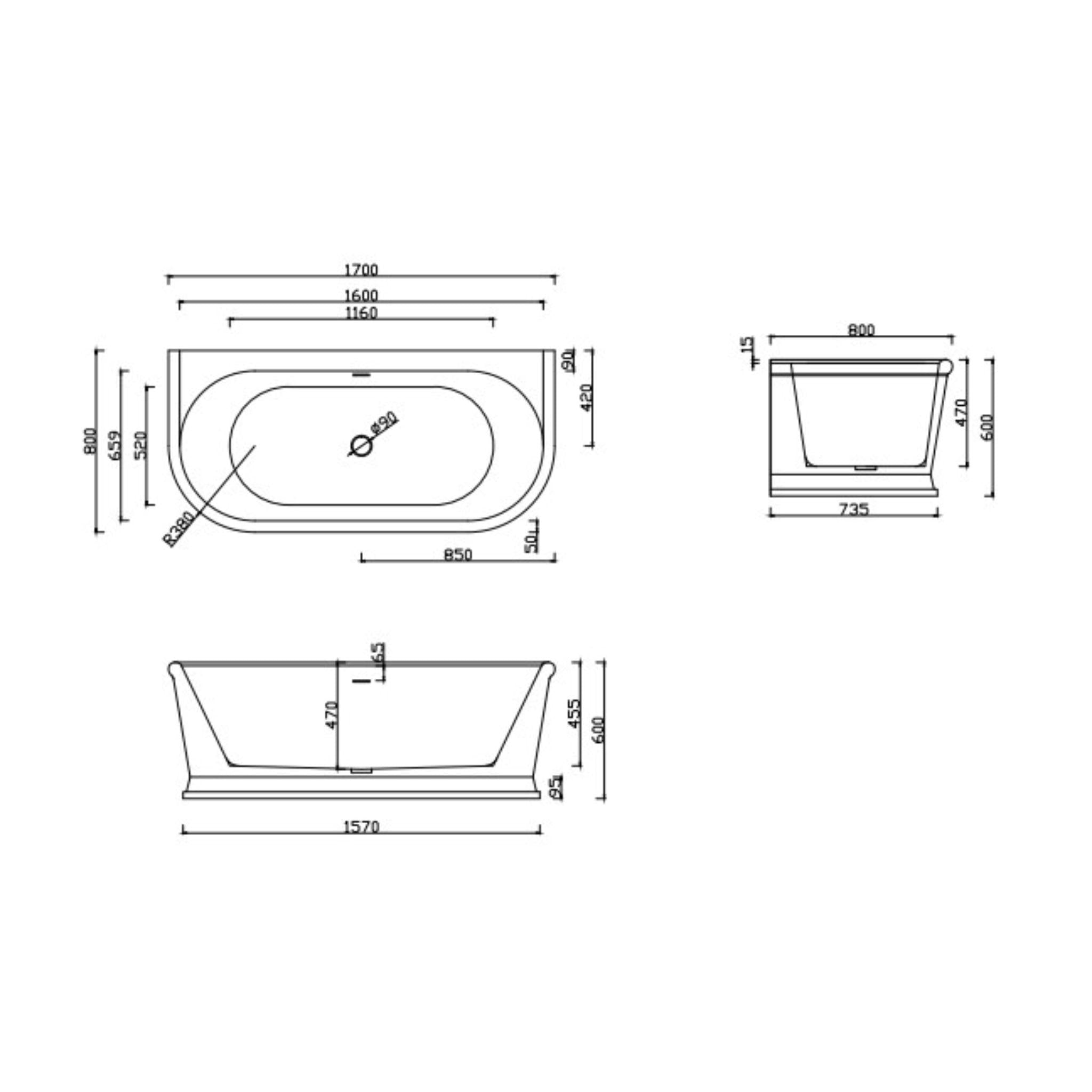 LUKKA DULWICH BACK TO WALL BATHTUB OVERFLOW GLOSS WHITE 1700MM