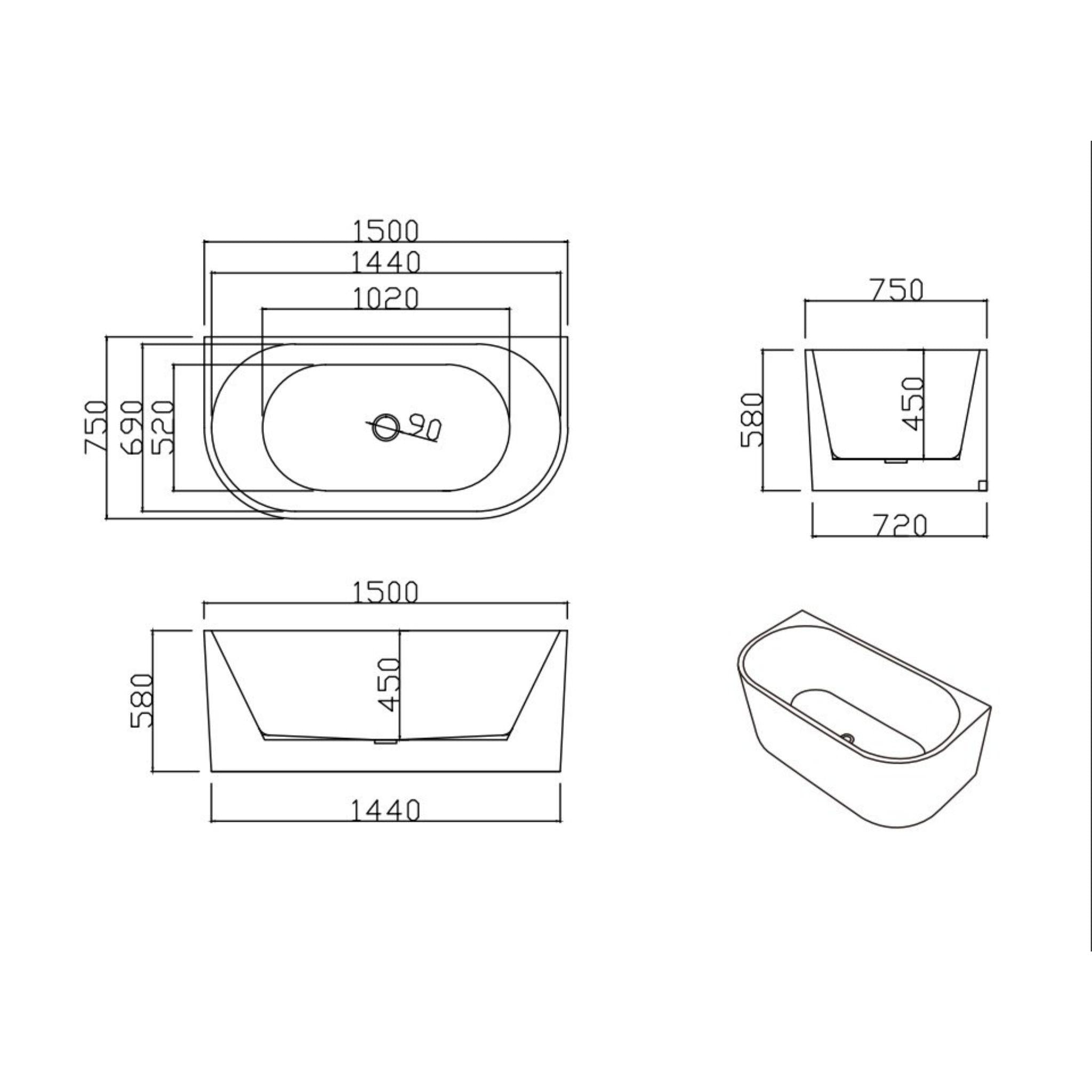 LUKKA DOVER BACK TO WALL FREESTANDING BATHTUB GLOSS WHITE (AVAILABLE IN 1400MM, 1500MM, AND 1700MM)
