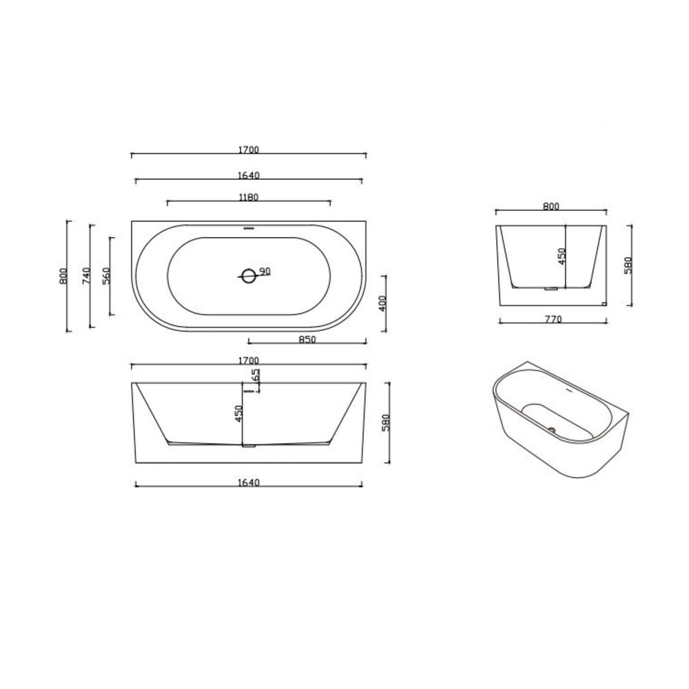 LUKKA DOVER BACK TO WALL FREESTANDING BATHTUB OVERFLOW GLOSS WHITE (AVAILABLE IN 1400MM, 1500MM, AND 1700MM)
