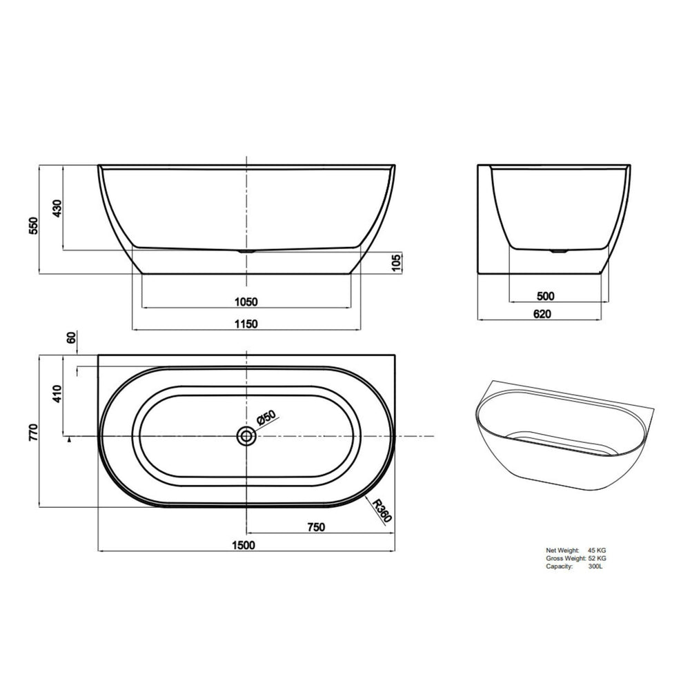 LUKKA ELLIPS BACK TO WALL FREESTANDING BATHTUB MATTE WHITE (AVAILABLE IN 1500MM AND 1700MM)