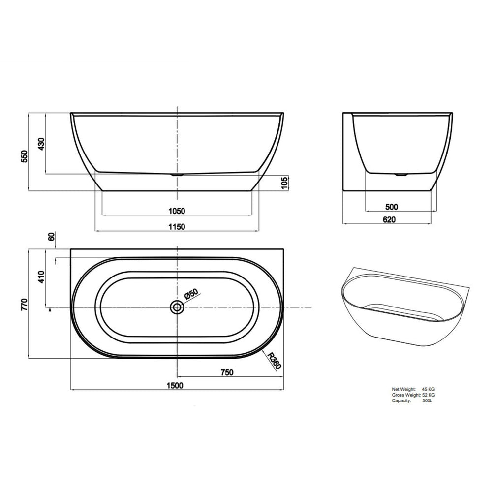 LUKKA ELLIPS BACK TO WALL FREESTANDING BATHTUB GLOSS WHITE (AVAILABLE IN 1500MM AND 1700MM)