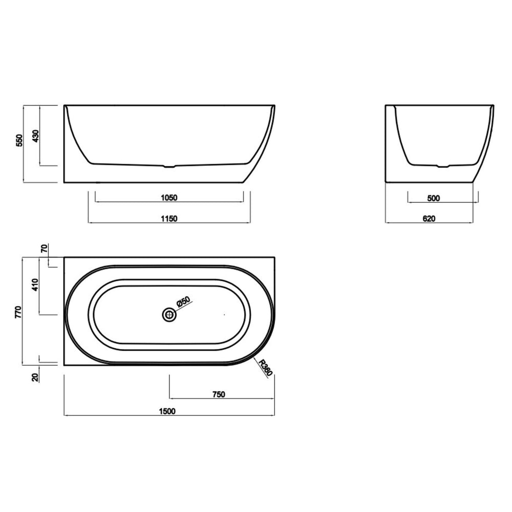 LUKKA ELLIPS FREESTANDING LEFT CORNER BATHTUB OVERFLOW GLOSS WHITE (AVAILABLE IN 1500MM AND 1700MM)