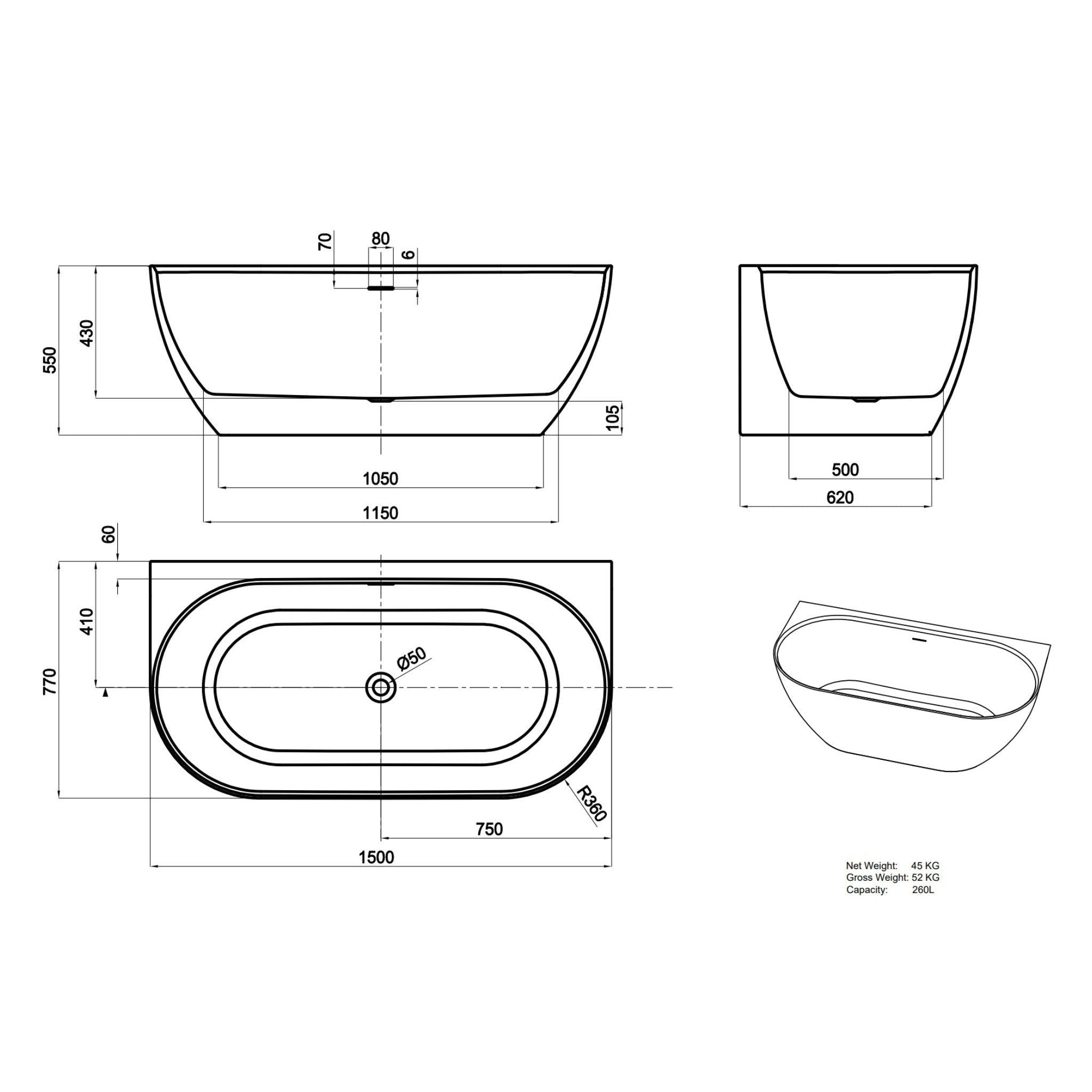 LUKKA ELLIPS BACK TO WALL FREESTANDING ACRYLIC BATHTUB OVERFLOW MATTE WHITE (AVAILABLE IN 1500MM AND 1700MM)