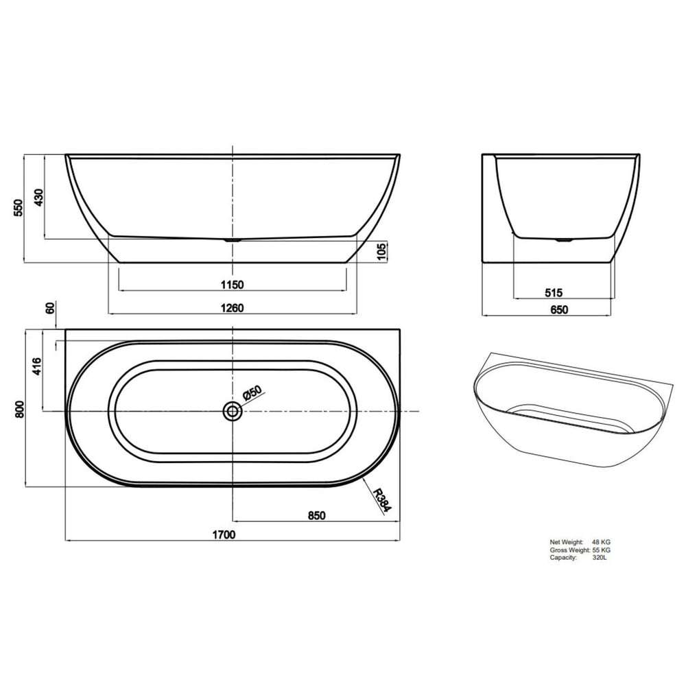 LUKKA ELLIPS BACK TO WALL FREESTANDING BATHTUB MATTE WHITE (AVAILABLE IN 1500MM AND 1700MM)