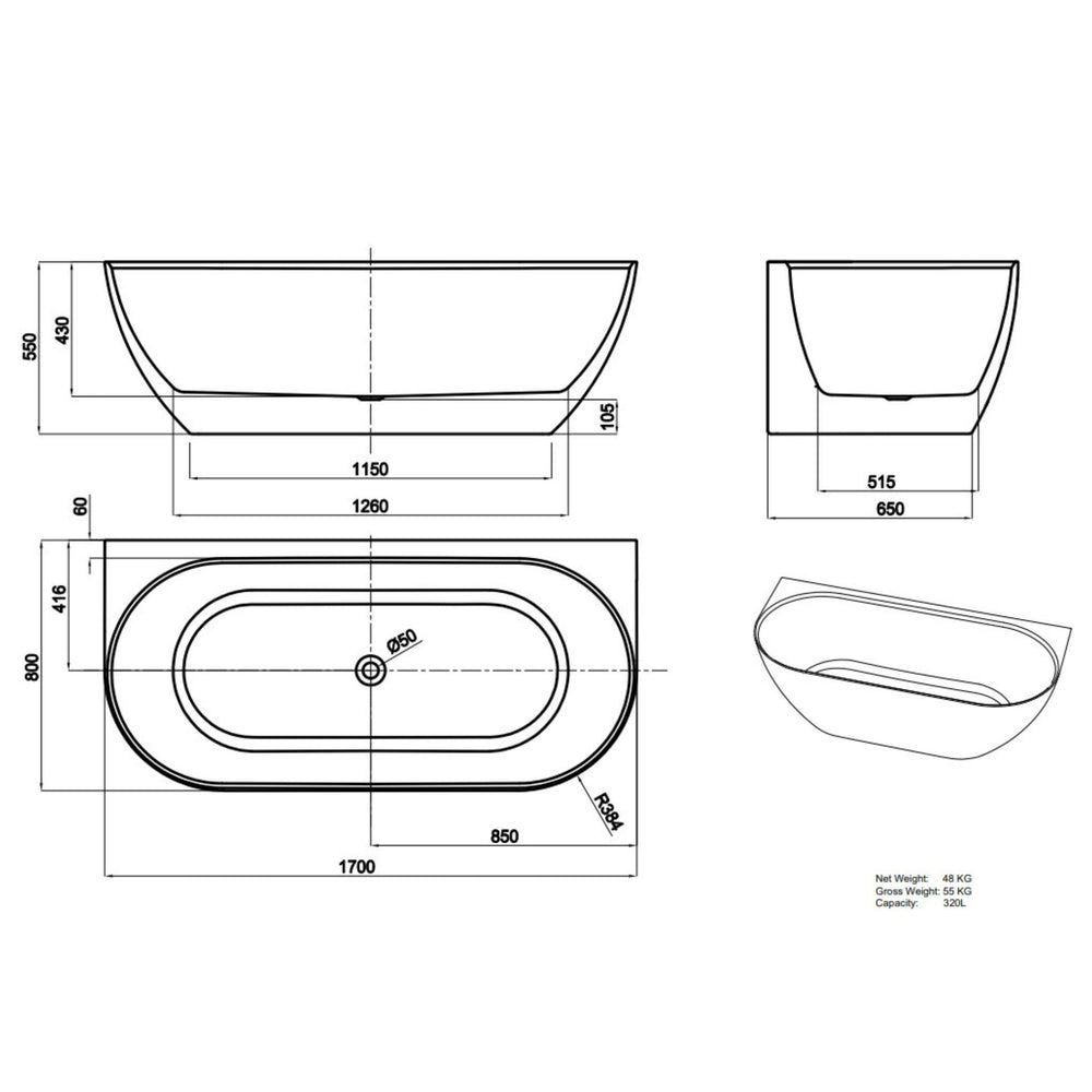 LUKKA ELLIPS BACK TO WALL FREESTANDING BATHTUB GLOSS WHITE (AVAILABLE IN 1500MM AND 1700MM)