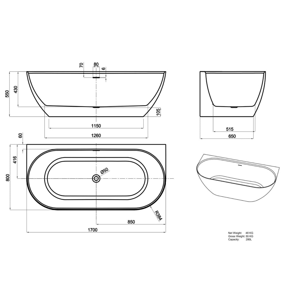 LUKKA ELLIPS BACK TO WALL FREESTANDING BATHTUB OVERFLOW GLOSS WHITE (AVAILABLE IN 1500MM AND 1700MM)