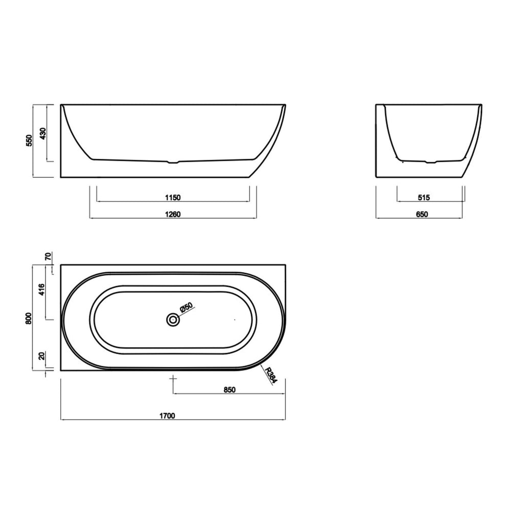 LUKKA ELLIPS FREESTANDING LEFT CORNER BATHTUB OVERFLOW GLOSS WHITE (AVAILABLE IN 1500MM AND 1700MM)