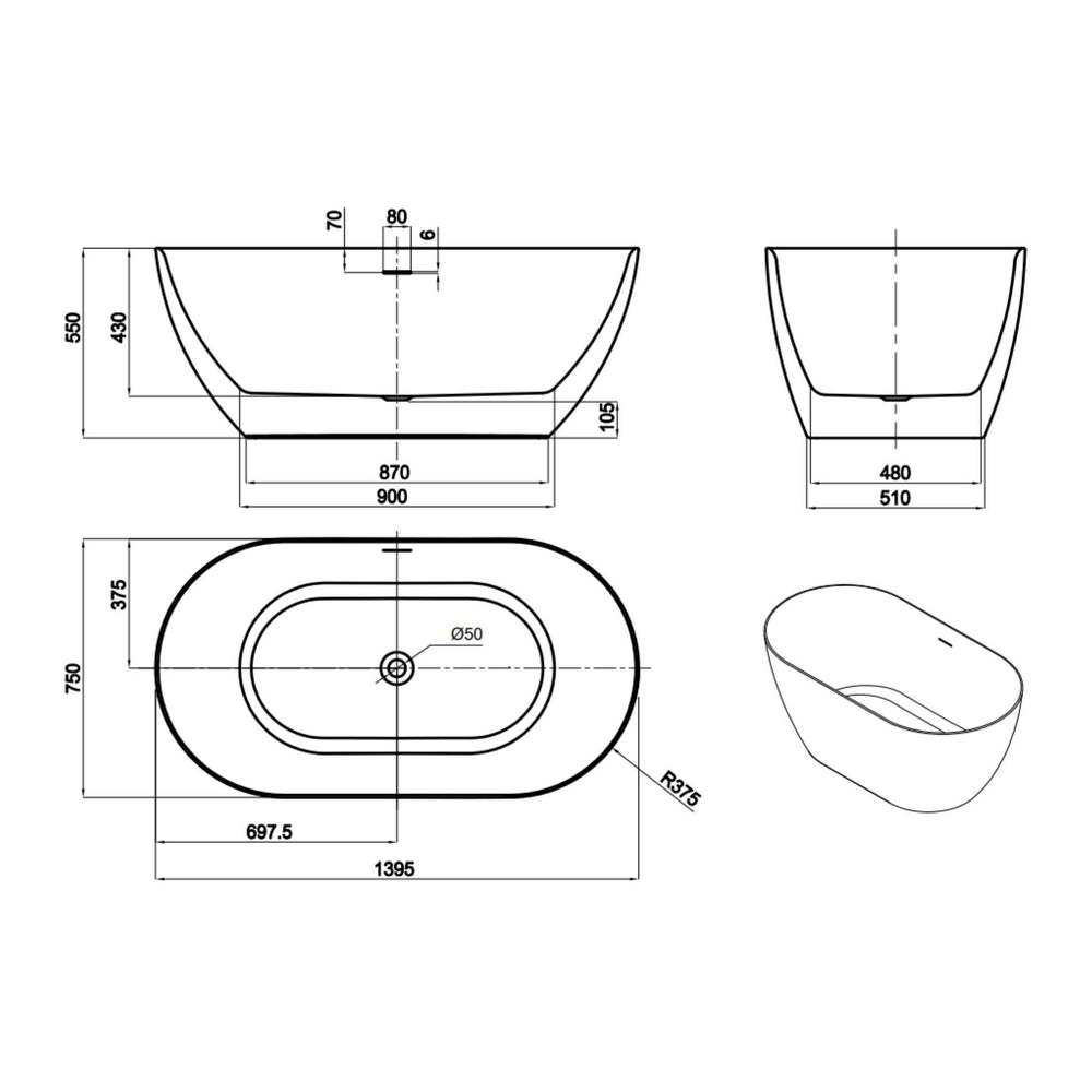LUKKA ELLIPS SLIM FREESTANDING BATHTUB WITH OVERFLOW MATTE WHITE (AVAILABLE IN 1395MM, 1530MM AND 1700MM)
