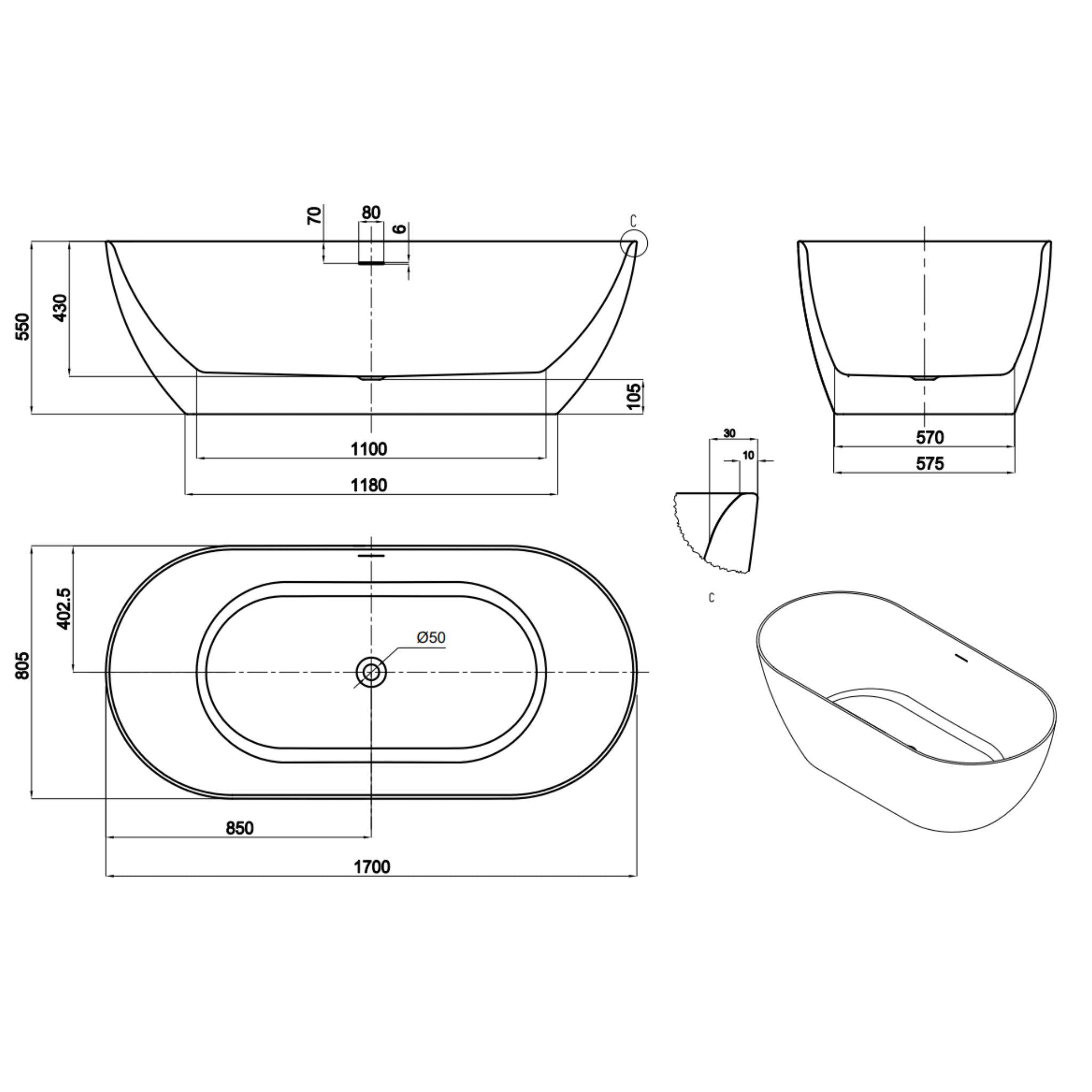 LUKKA ELLIPS SLIM FREESTANDING BATHTUB WITH OVERFLOW MATTE WHITE (AVAILABLE IN 1395MM, 1530MM AND 1700MM)