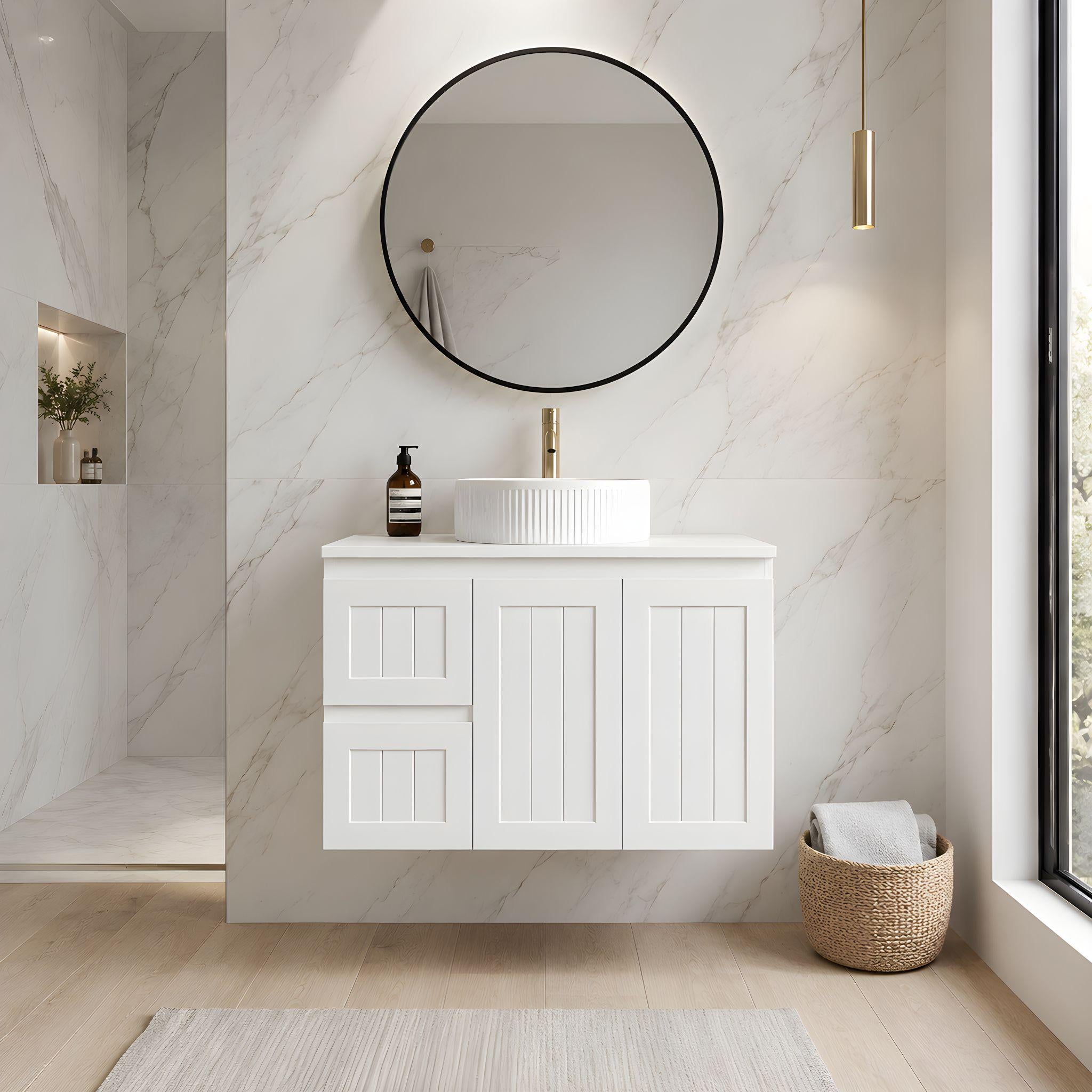 LUKKA ARCHILL FEDERATION MATTE WHITE 900MM SINGLE BOWL WALL HUNG VANITY (AVAILABLE IN LEFT AND RIGHT HAND DRAWER)