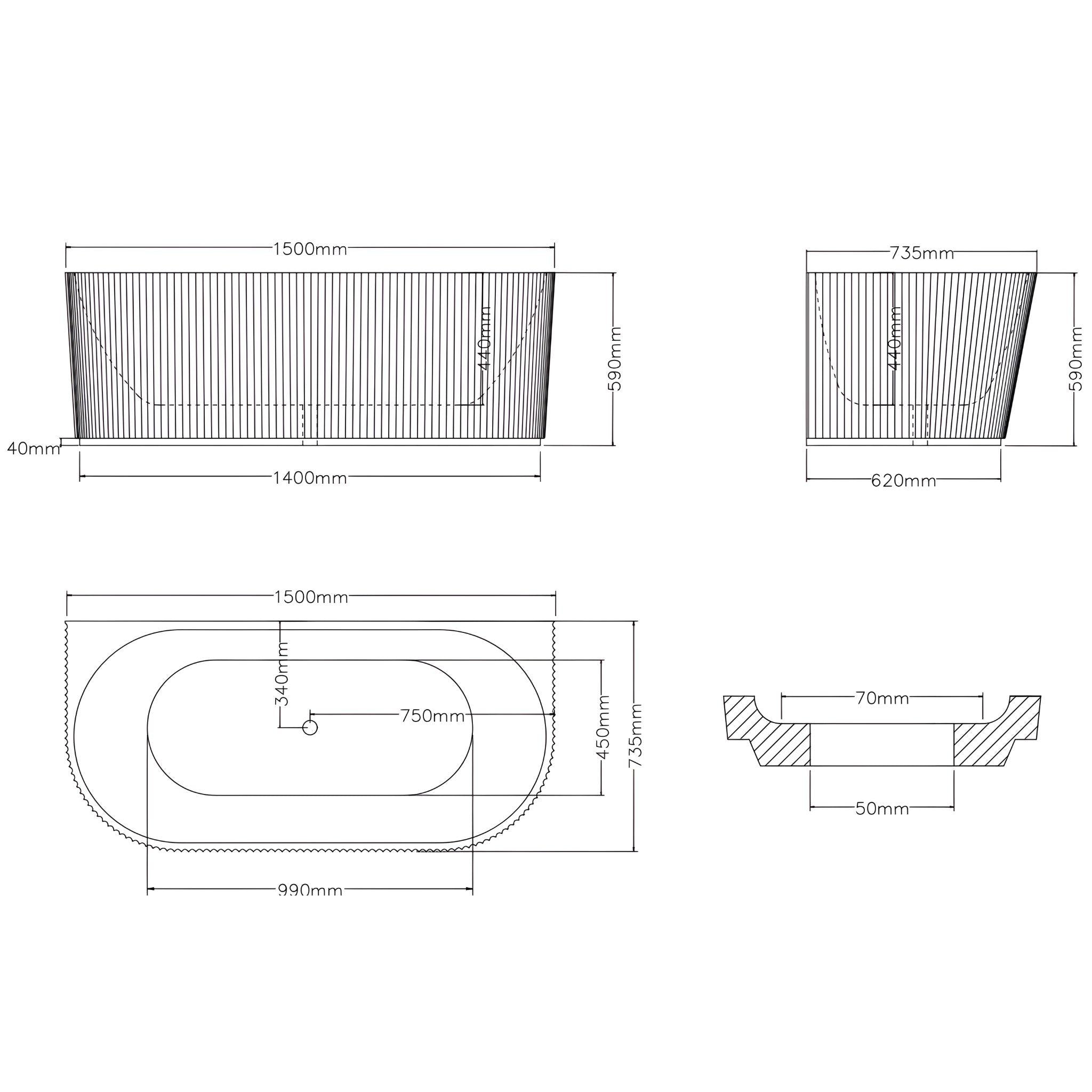 LUKKA BINGIE FLUTED SKIRT BACK TO WALL BATHTUB GLOSS WHITE (AVAILABLE IN 1500MM AND 1700MM)