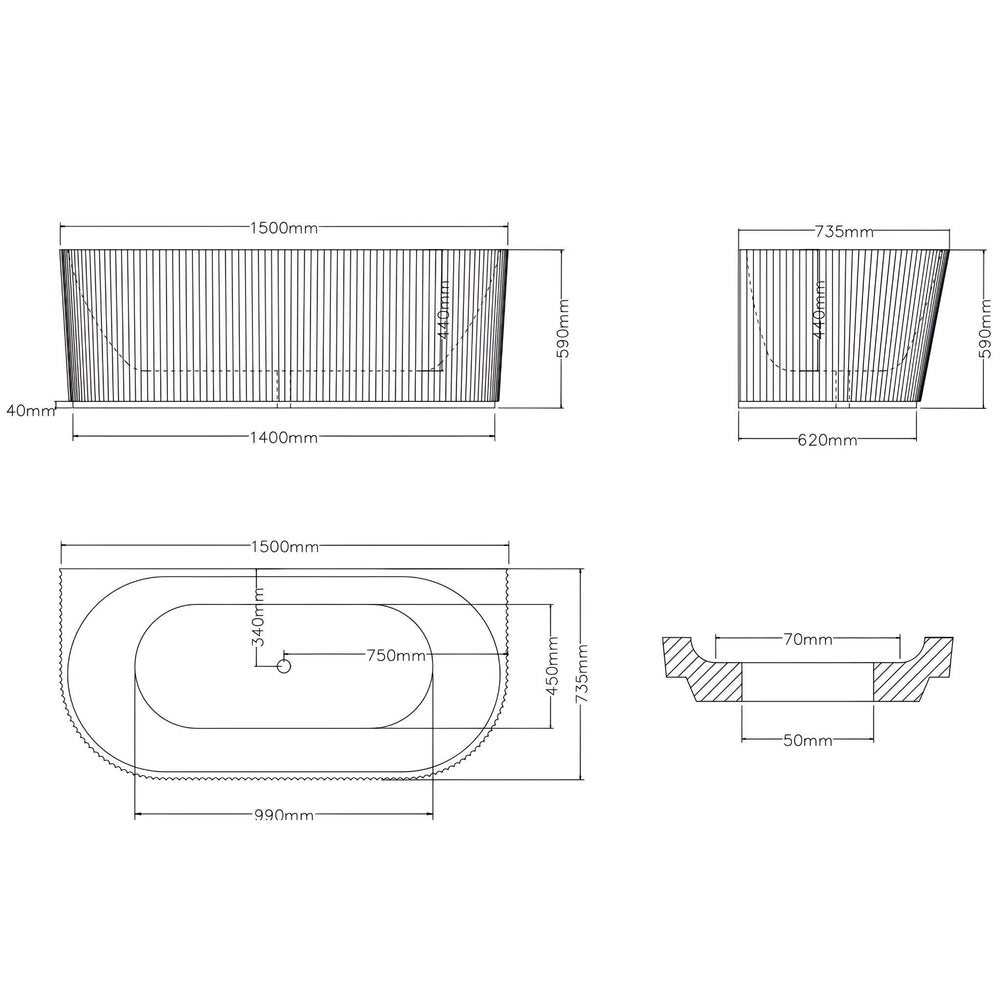 LUKKA BINGIE FLUTED SKIRT BACK TO WALL BATHTUB MATTE WHITE (AVAILABLE IN 1500MM AND 1700MM)