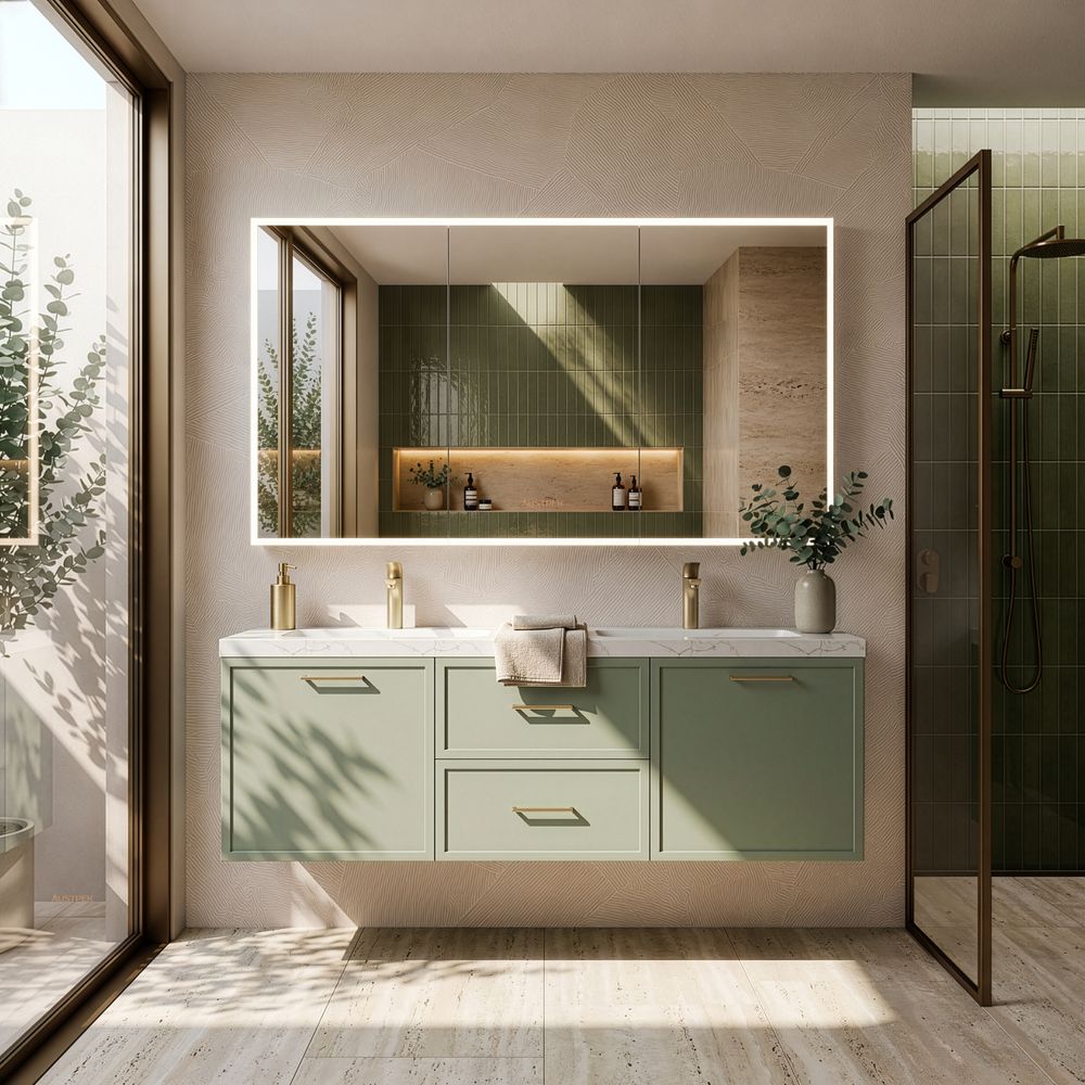 LUKKA KINGSLEY FEDERATION OLIVE GREEN 1500MM DOUBLE BOWL WALL HUNG VANITY