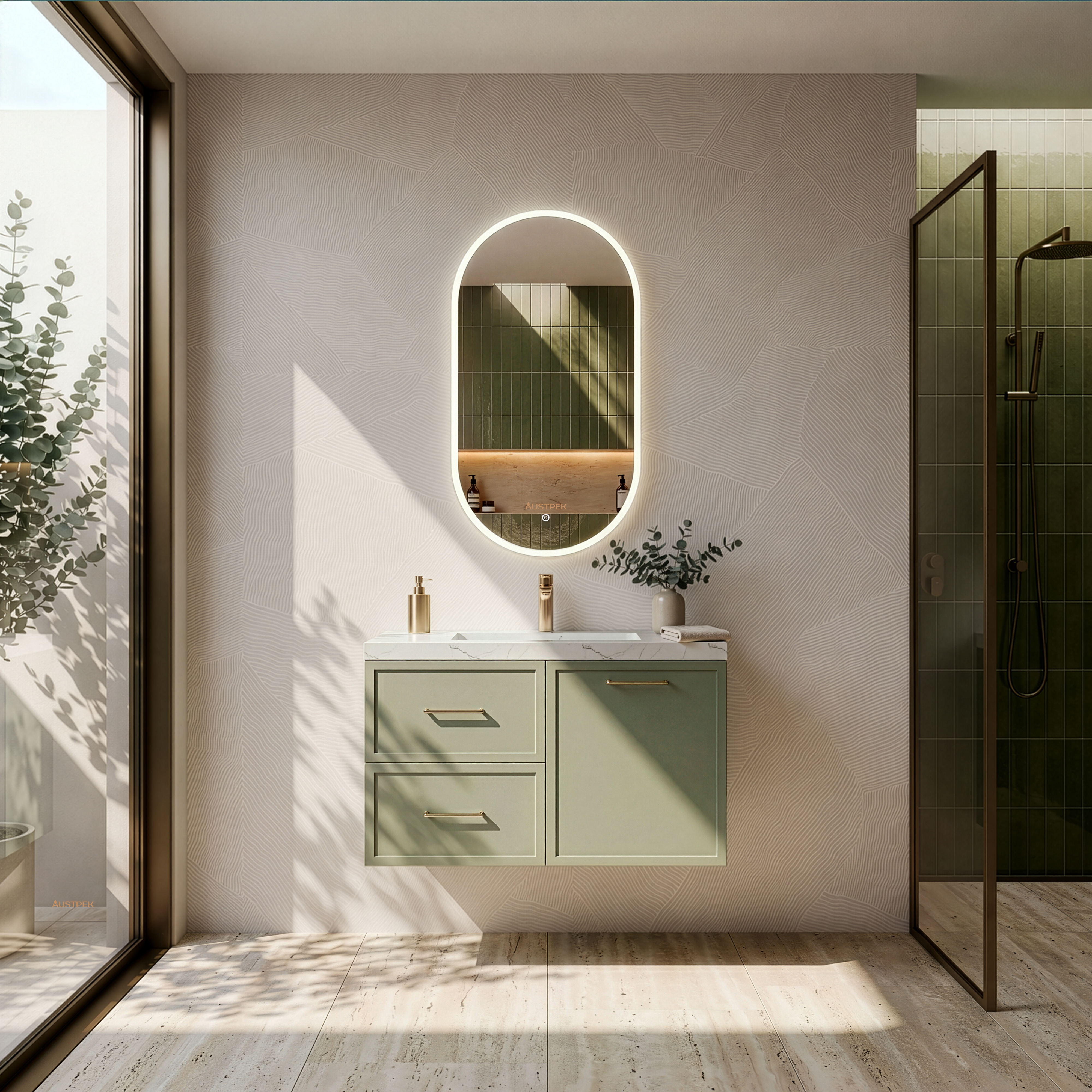 LUKKA KINGSLEY FEDERATION OLIVE GREEN 900MM SINGLE BOWL WALL HUNG VANITY (AVAILABLE IN LEFT HAND DRAWER AND RIGHT HAND DRAWER)