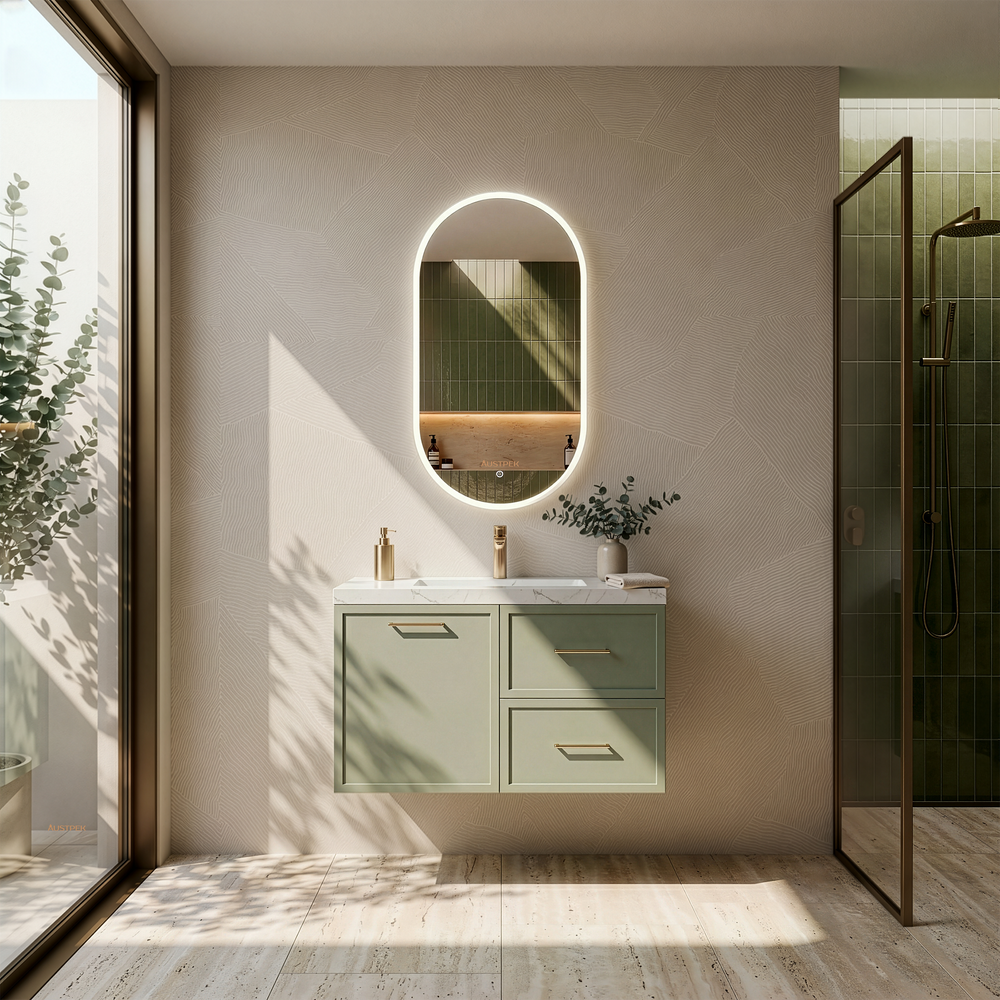LUKKA KINGSLEY FEDERATION OLIVE GREEN 900MM SINGLE BOWL WALL HUNG VANITY (AVAILABLE IN LEFT HAND DRAWER AND RIGHT HAND DRAWER)
