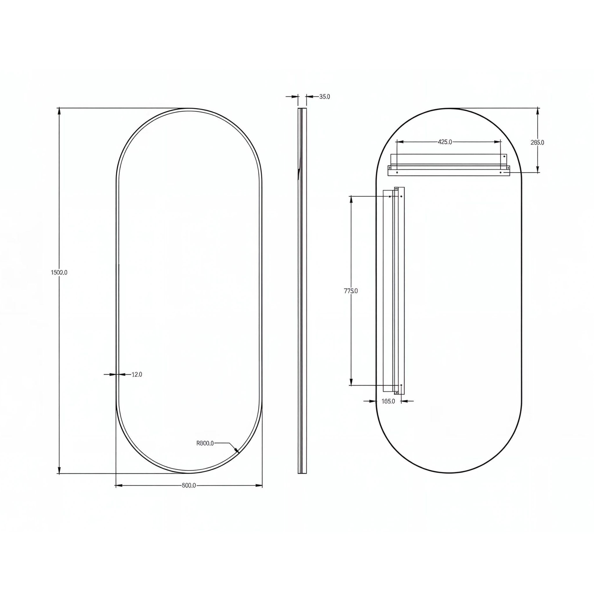 LUKKA ELLIPS OVAL FRAMED MIRROR GUN METAL 600X1500MM