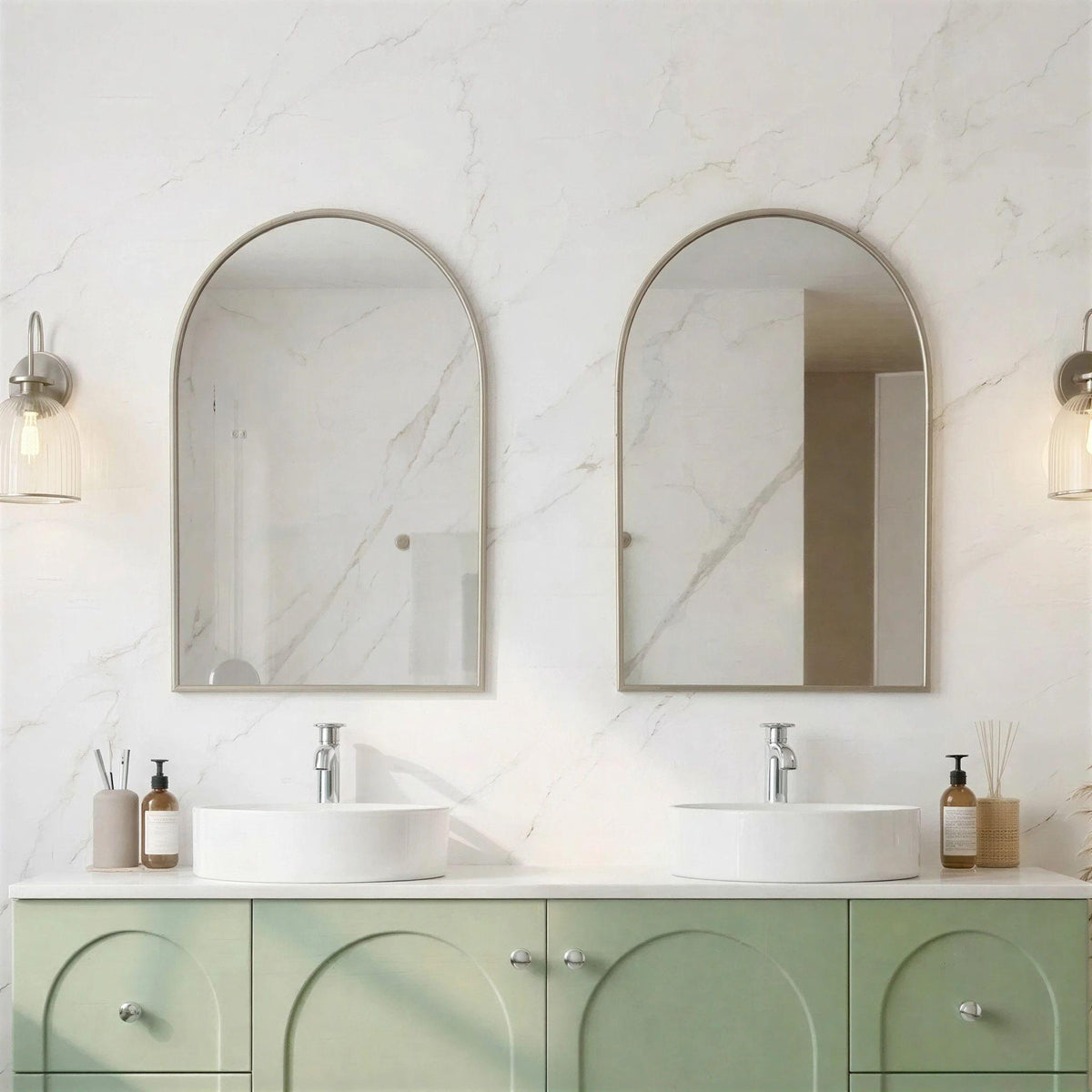 LUKKA ARCO ARCHED FRAMED MIRROR BRUSHED NICKEL 600X900MM