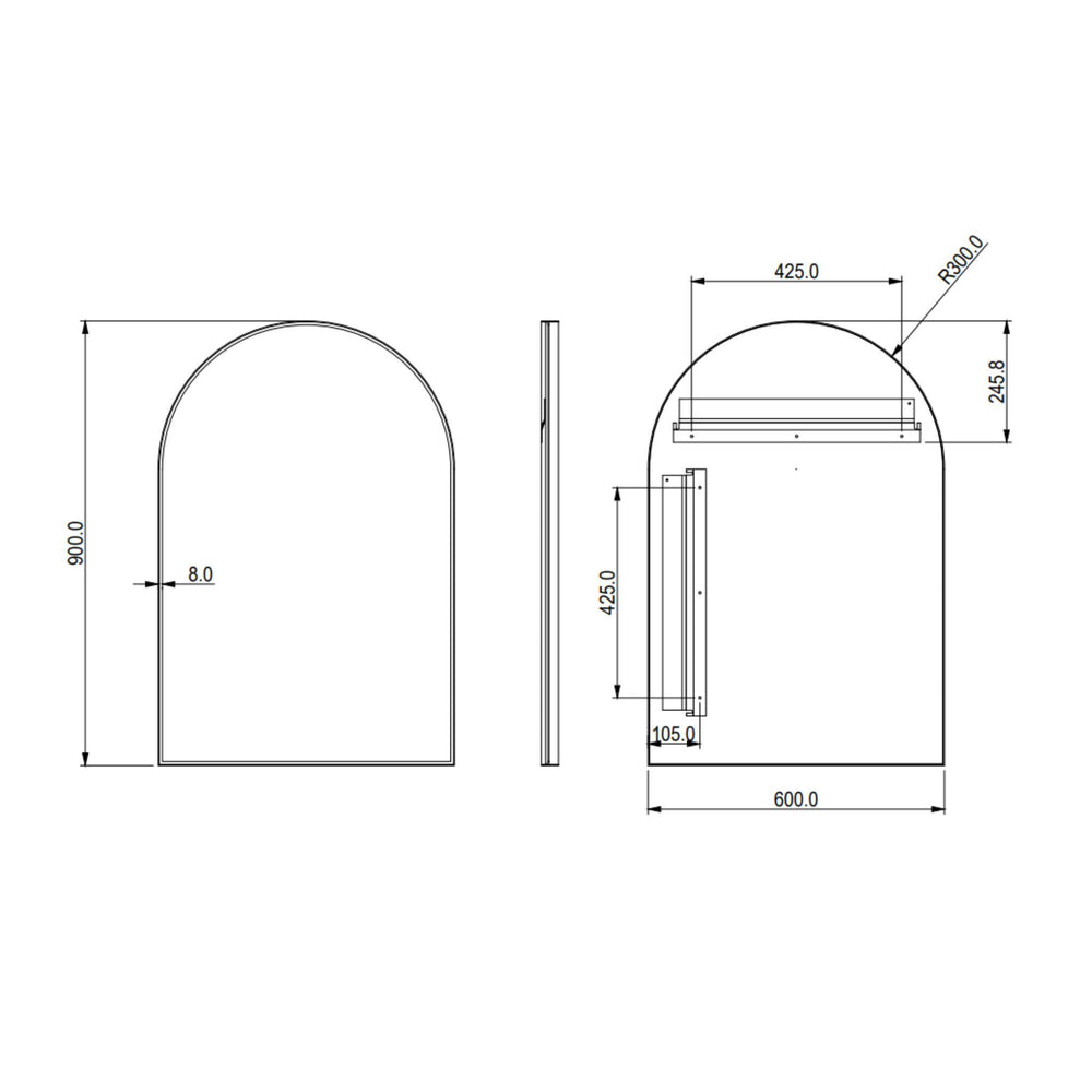 LUKKA ARCO ARCHED FRAMED MIRROR BRUSHED NICKEL 600X900MM