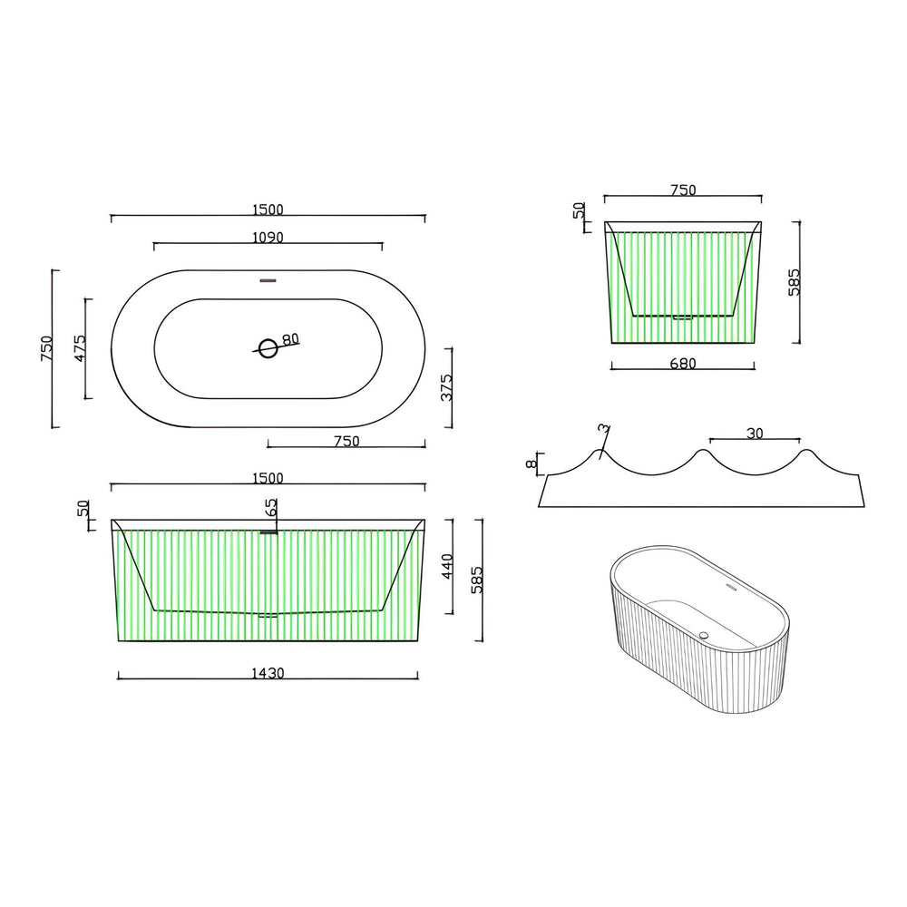 LUKKA FLORENCE FLUTED FREESTANDING BATHTUB OVERFLOW MATTE WHITE (AVAILABLE IN 1500MM AND 1700MM)