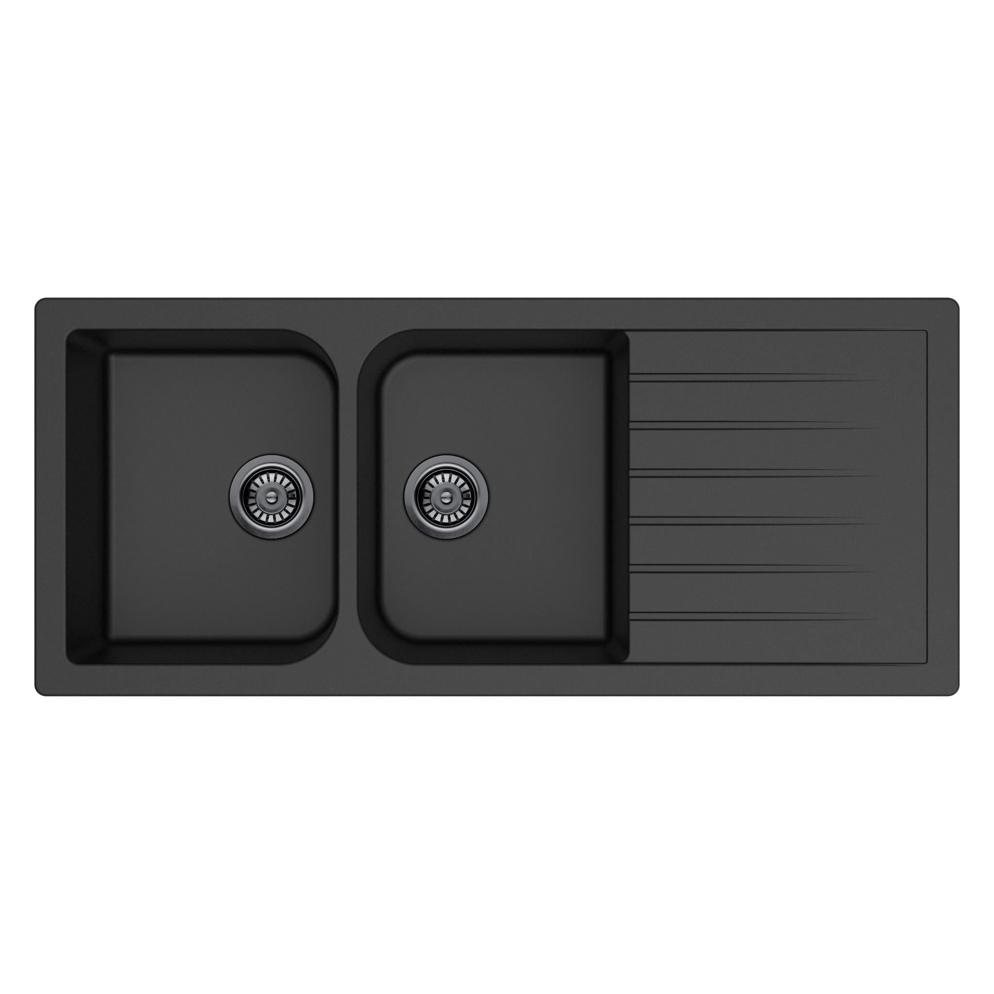 LUKKA CRETE GRANITE DOUBLE BOWL DRAINBOARD KITCHEN SINK MATTE BLACK 1160MM