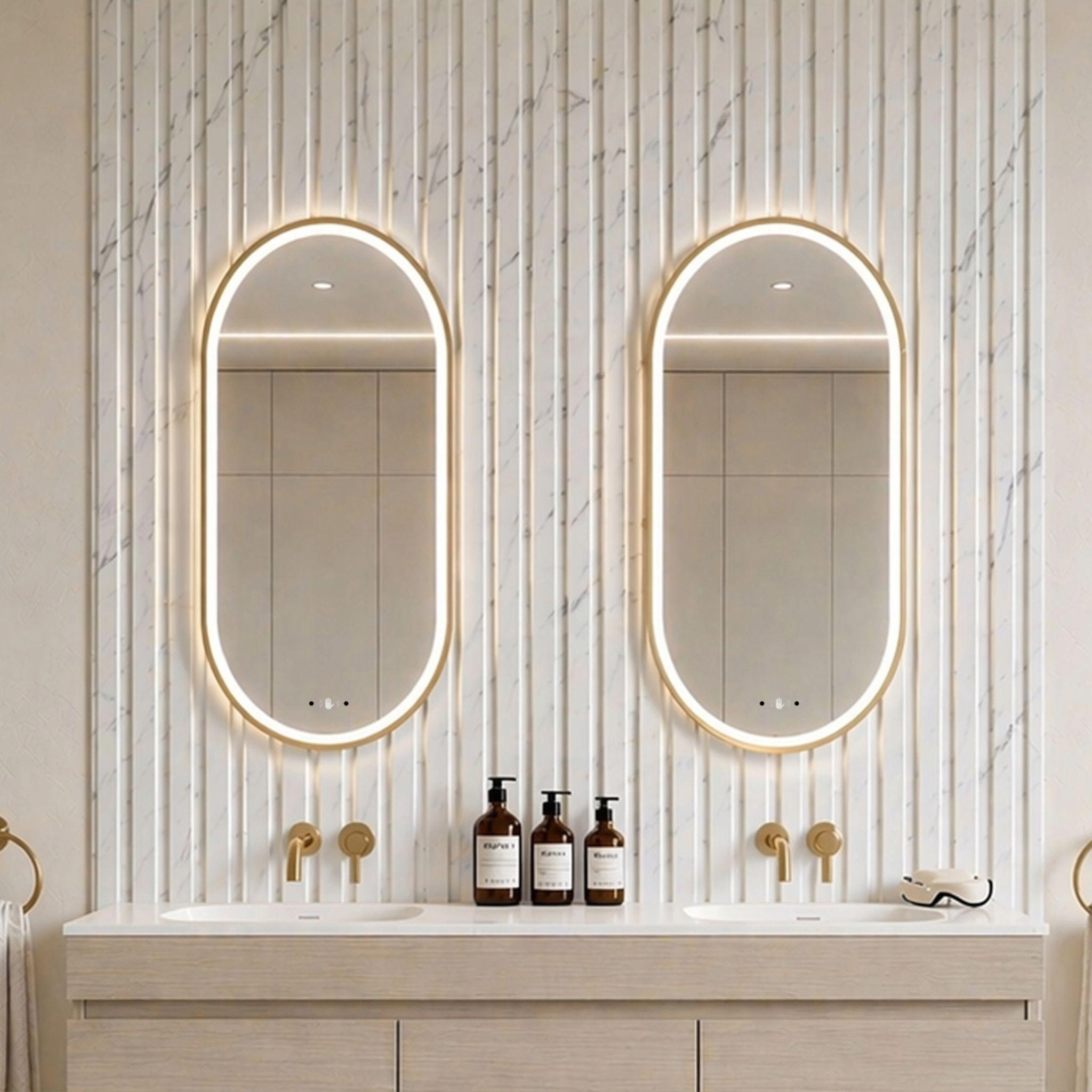 LUKKA ELLIPS OVAL FRAMED LED MIRROR BRUSHED GOLD 450X900MM