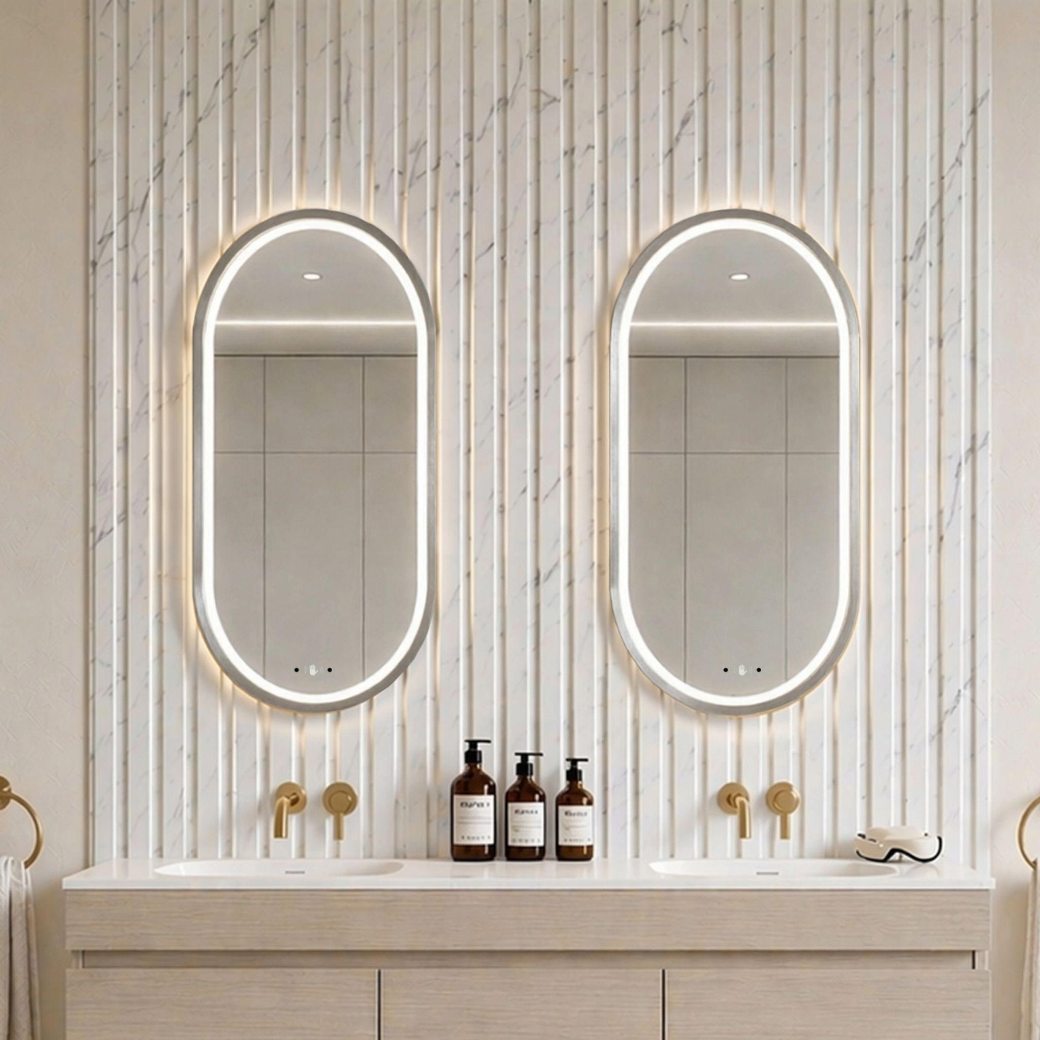 LUKKA ELLIPS OVAL FRAMED LED MIRROR BRUSHED NICKEL 450X900MM