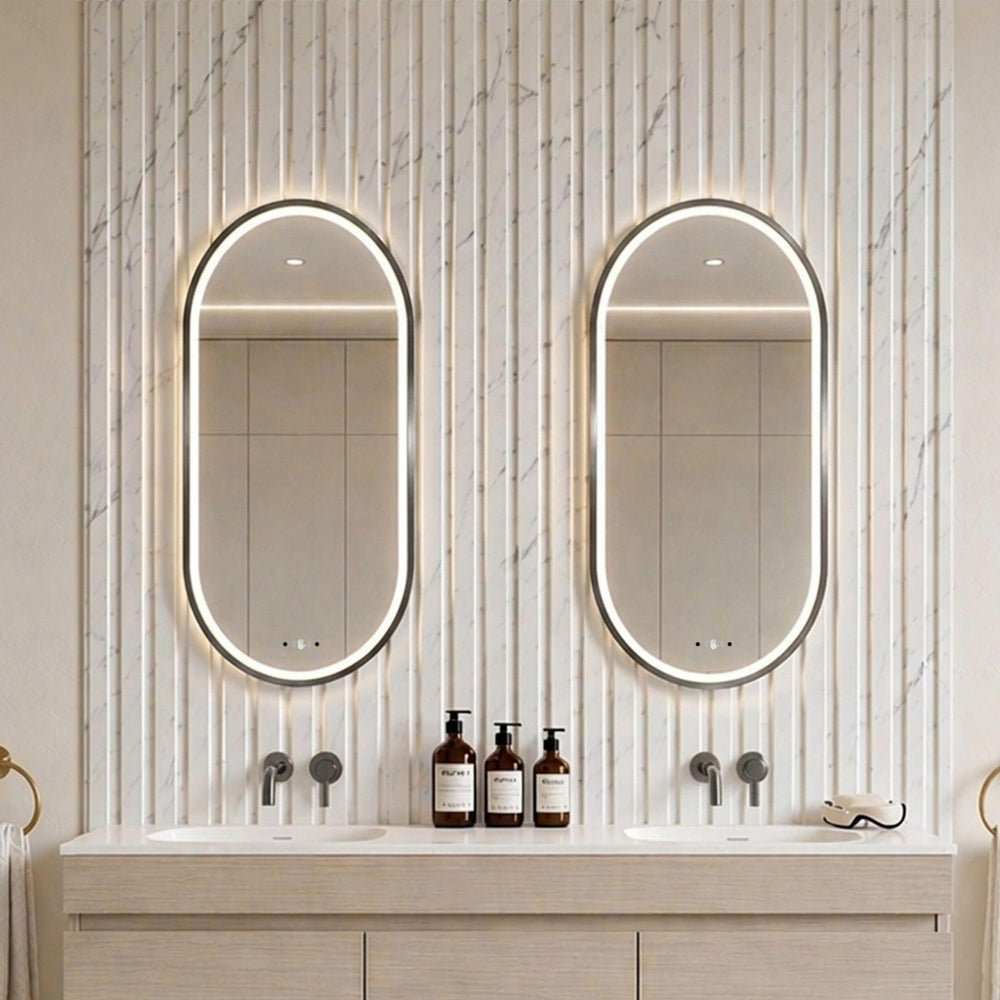 LUKKA ELLIPS OVAL FRAMED LED MIRROR GUN METAL 450X900MM