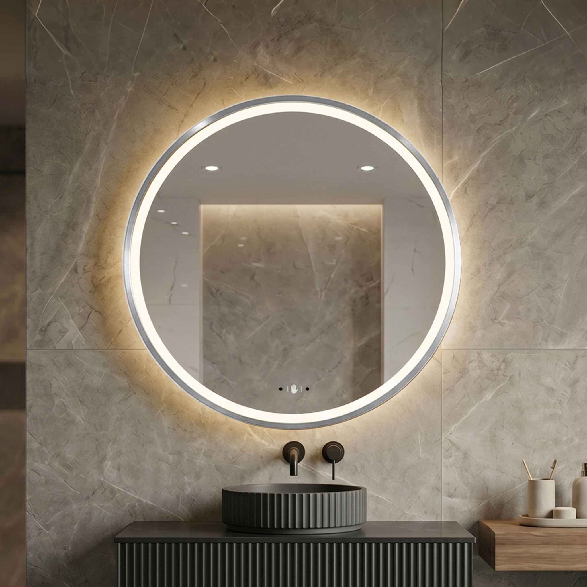 LUKKA ORBIS ROUND FRAMED LED MIRROR BRUSHED NICKEL 600X600MM
